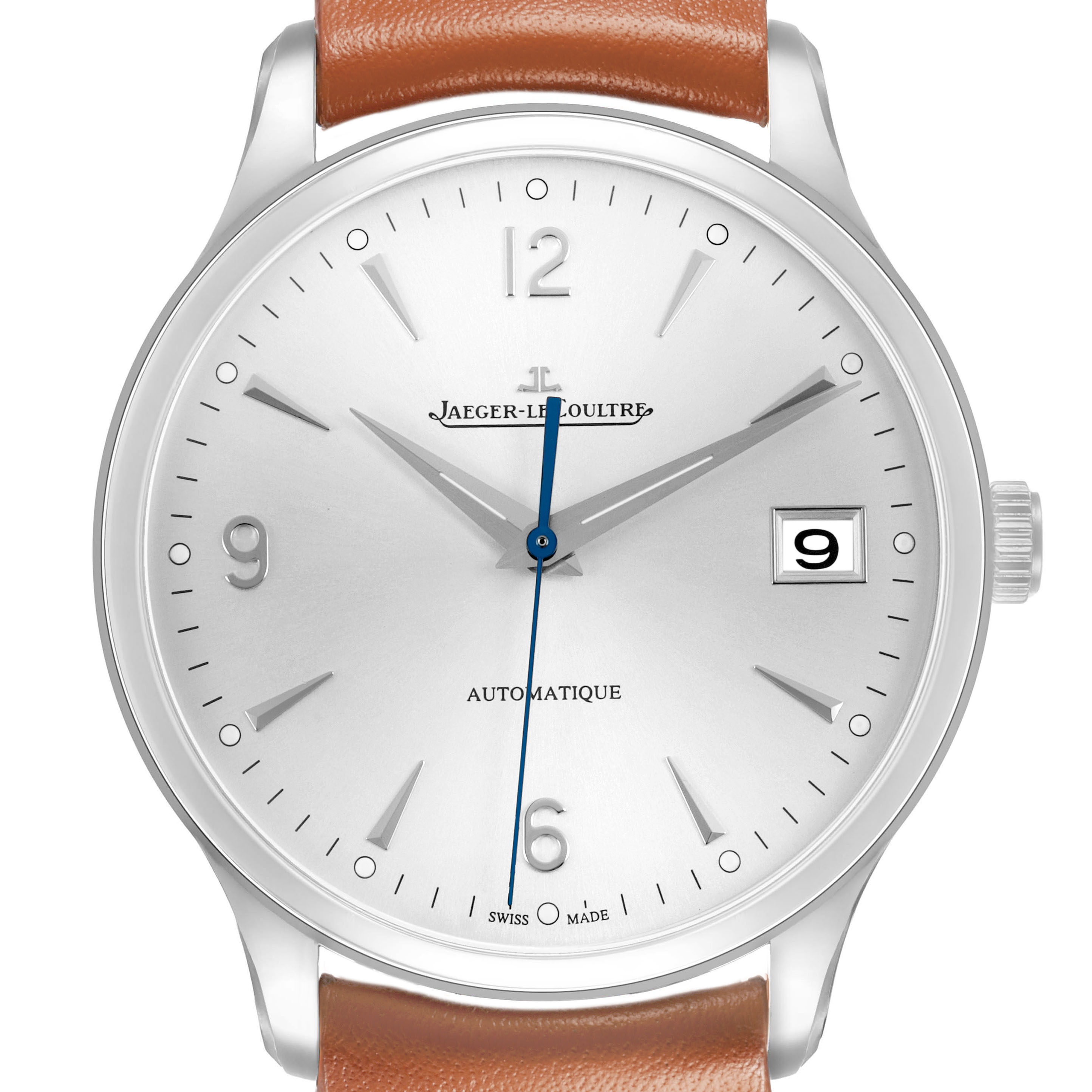 The Jaeger LeCoultre Master Q4018420 Men's Stainless Steel Silver Dial watch is shown from the front, highlighting the dial, hands, date window, and leather strap.