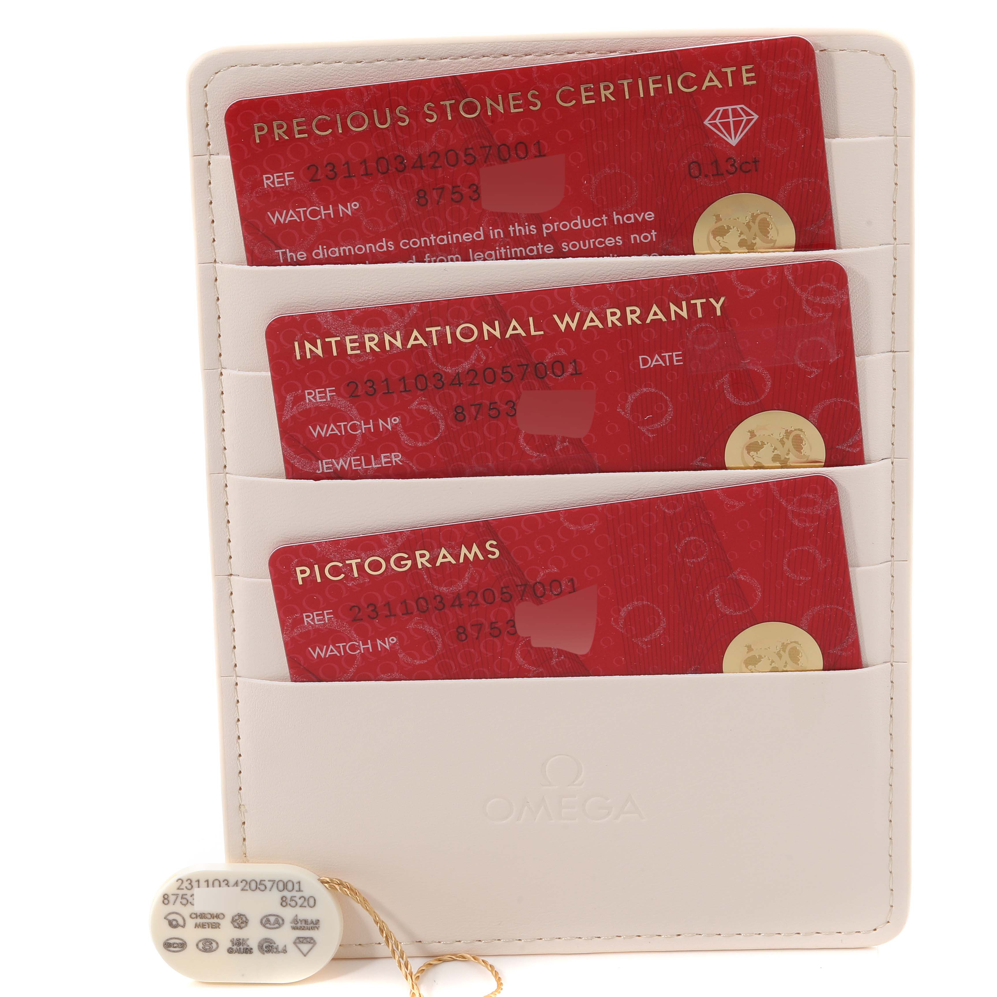 The image shows warranty and certification cards for the Omega 231.10.34.20.57.001 Women's Stainless Steel Mother of Pearl Dial 231.10.34.20.57.001 Women's Stainless Steel Mother of Pearl Dial Aqua Terra 34 Mother Of Pearl Diamond Ladies Watch model 231.10.34.20.57.001.