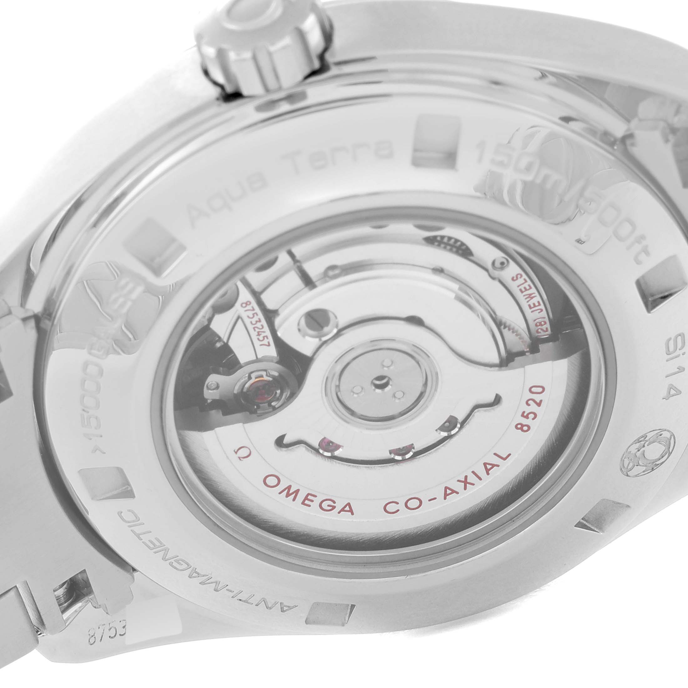 The image shows the back view of the Omega 231.10.34.20.57.001 Women's Stainless Steel Mother of Pearl Dial 231.10.34.20.57.001 Women's Stainless Steel Mother of Pearl Dial Aqua Terra 34 Mother Of Pearl Diamond Ladies Watch, model 231.10.34.20.57.001, focusing on the movement.