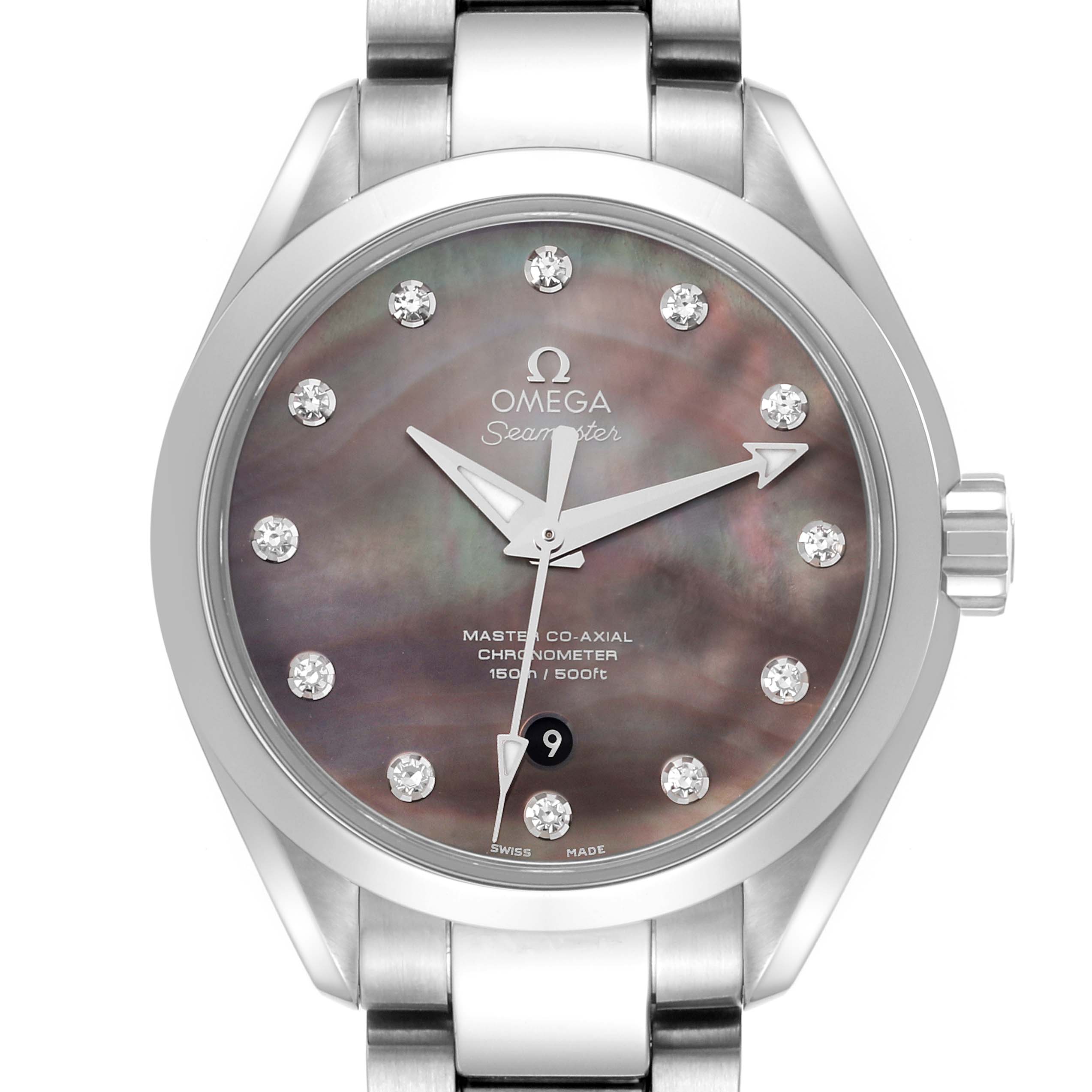 This image shows a frontal view of the Omega 231.10.34.20.57.001 Women's Stainless Steel Mother of Pearl Dial 231.10.34.20.57.001 Women's Stainless Steel Mother of Pearl Dial Aqua Terra 34 Mother Of Pearl Diamond Ladies Watch model 231.10.34.20.57.001.