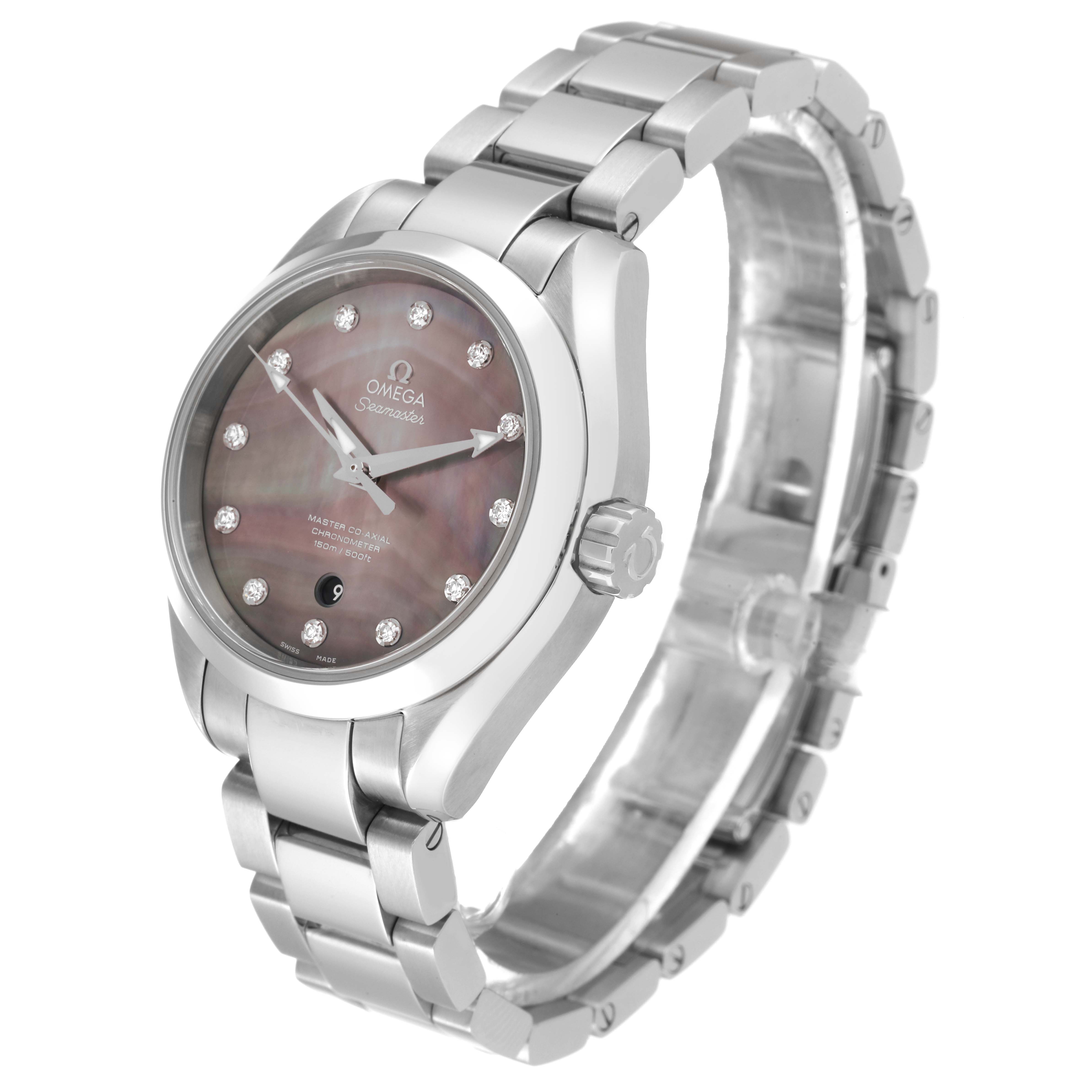 The image shows a side view of the Omega 231.10.34.20.57.001 Women's Stainless Steel Mother of Pearl Dial 231.10.34.20.57.001 Women's Stainless Steel Mother of Pearl Dial Aqua Terra 34 Mother Of Pearl Diamond Ladies Watch 231.10.34.20.57.001, focusing on the dial, case, and bracelet.