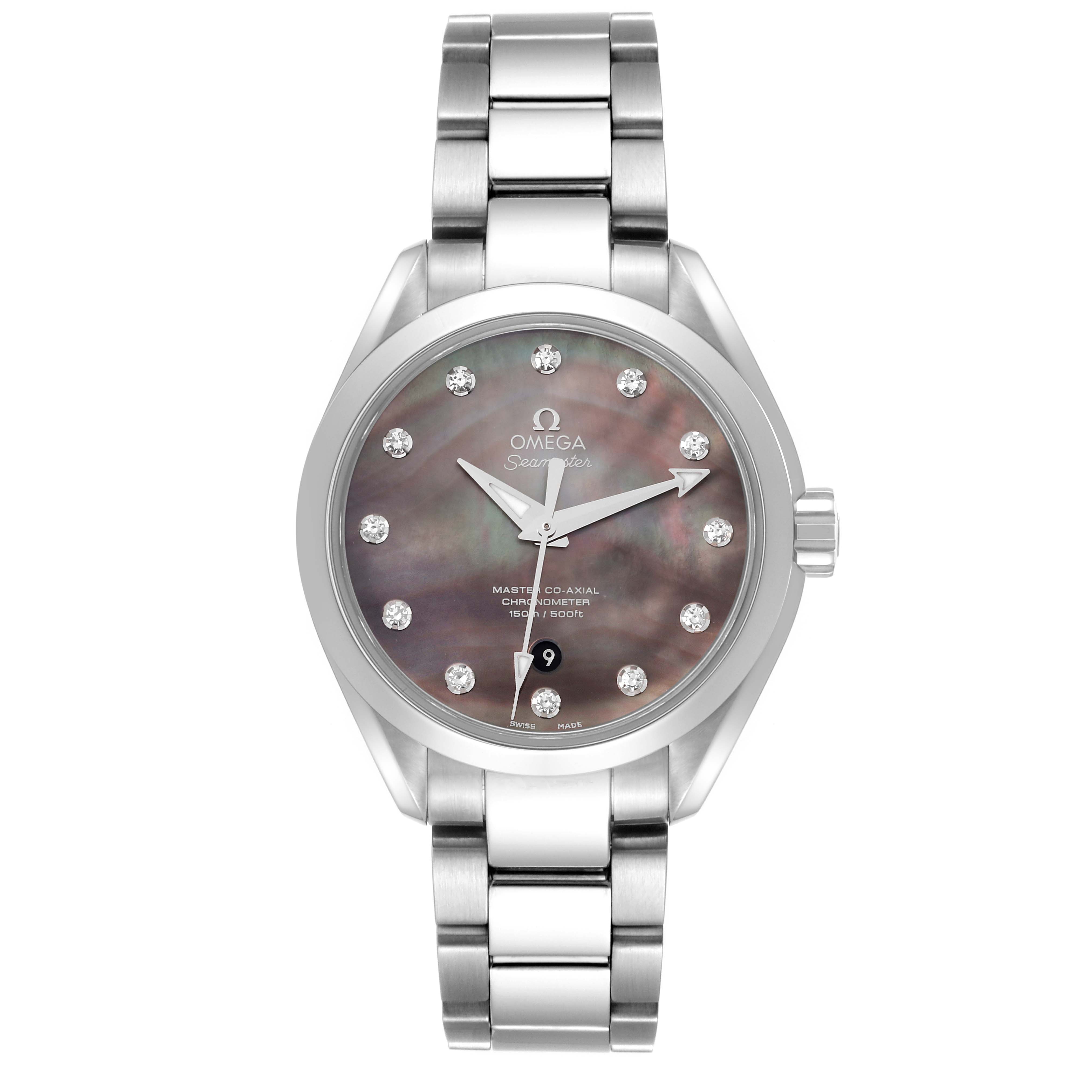This is a front view of the Omega 231.10.34.20.57.001 Women's Stainless Steel Mother of Pearl Dial 231.10.34.20.57.001 Women's Stainless Steel Mother of Pearl Dial Aqua Terra 34 Mother Of Pearl Diamond Ladies Watch 231.10.34.20.57.001, showcasing its face and bracelet.