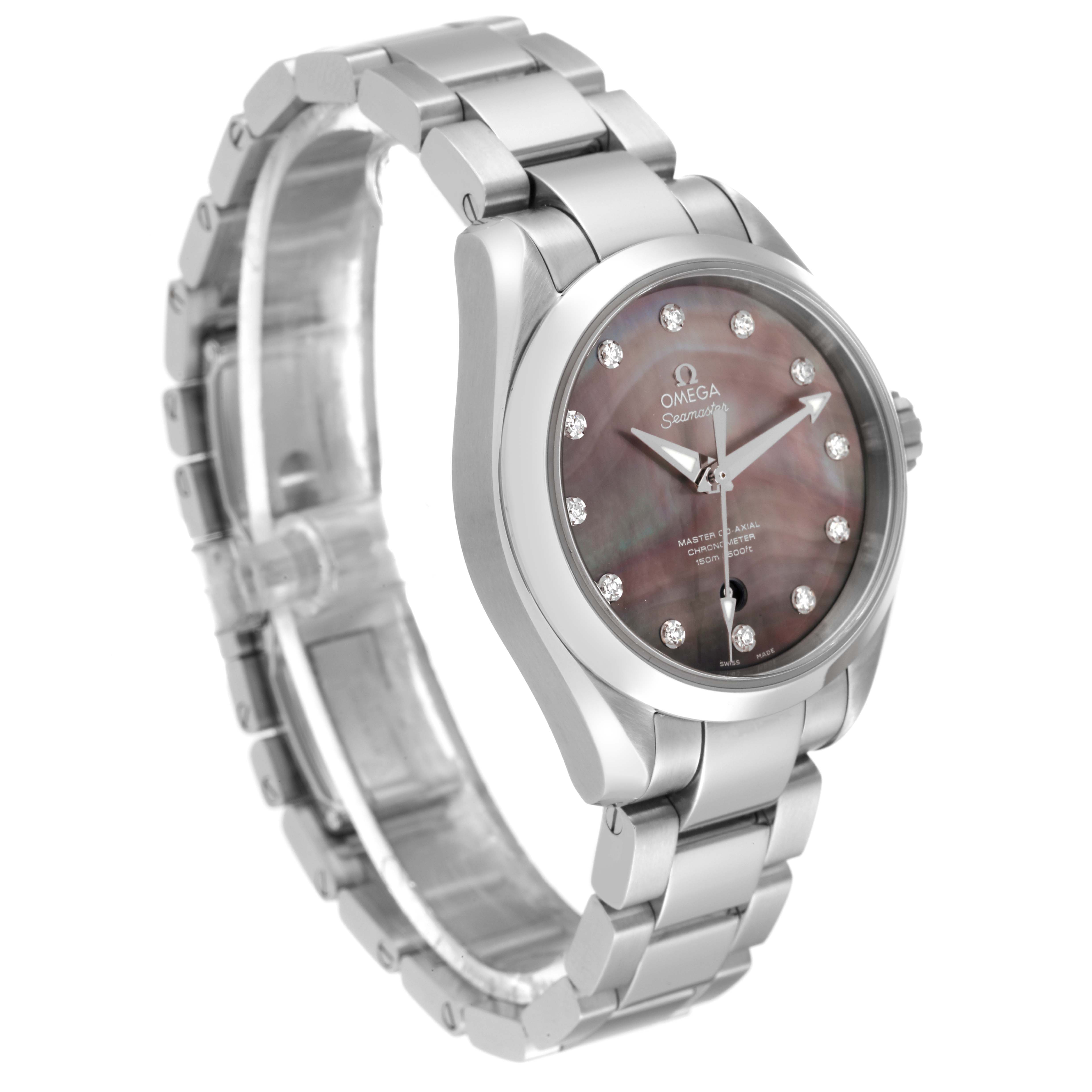 The image shows a three-quarter angle view of the Aqua Terra 34 Mother Of Pearl Diamond Ladies Watch by Omega 231.10.34.20.57.001 Women's Stainless Steel Mother of Pearl Dial 231.10.34.20.57.001 Women's Stainless Steel Mother of Pearl Dial, model 231.10.34.20.57.001.