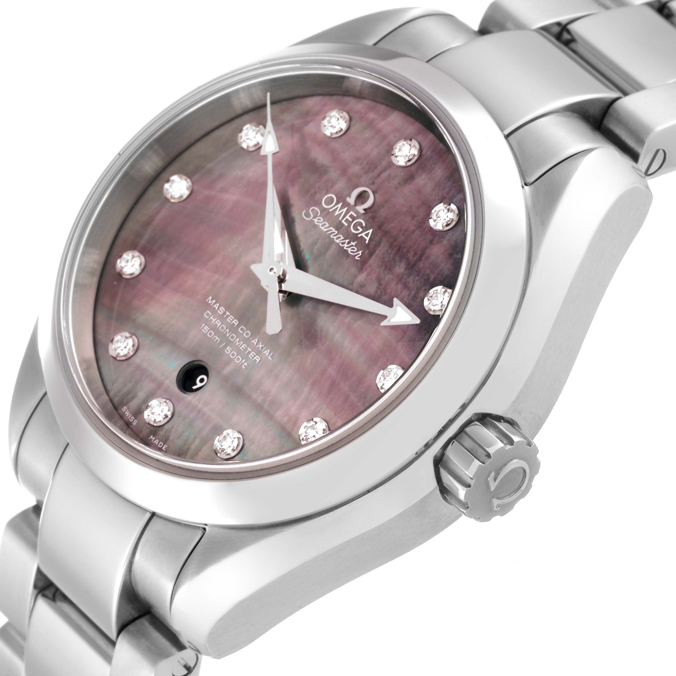 The image shows an angled close-up of the Omega 231.10.34.20.57.001 Women
s Stainless Steel Mother of Pearl Dial 231.10.34.20.57.001 Women
s Stainless Steel Mother of Pearl Dial Aqua Terra 34 MOP Diamond Ladies Watch 231.10.34.20.57.001, highlighting the dial and crown.