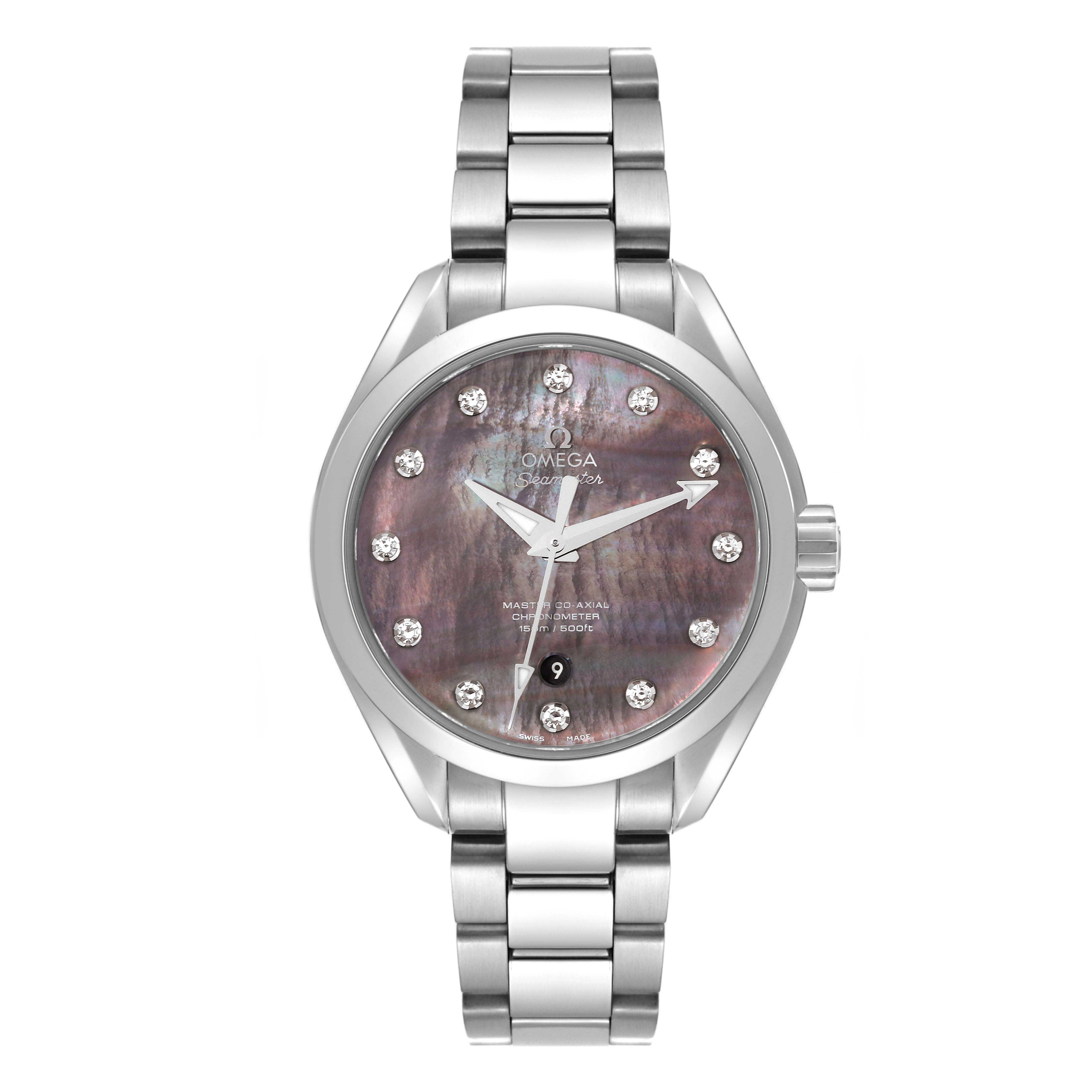 The Omega 231.10.34.20.57.001 Women
s Stainless Steel Mother of Pearl Dial 231.10.34.20.57.001 Women
s Stainless Steel Mother of Pearl Dial Aqua Terra 34 MOP Diamond Ladies Watch model 231.10.34.20.57.001 is shown from a front angle highlighting its face and bracelet.