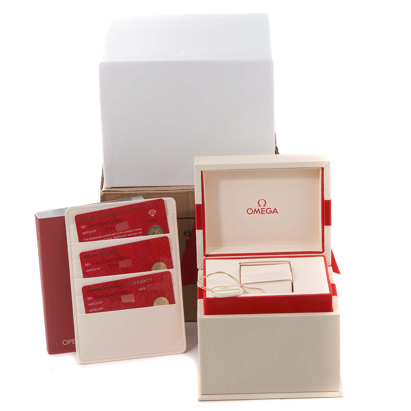 The image shows the packaging and accessories for the Omega 231.10.34.20.57.001 Women
s Stainless Steel Mother of Pearl Dial 231.10.34.20.57.001 Women
s Stainless Steel Mother of Pearl Dial Aqua Terra 34 MOP Diamond Ladies Watch 231.10.34.20.57.001 Unworn model.