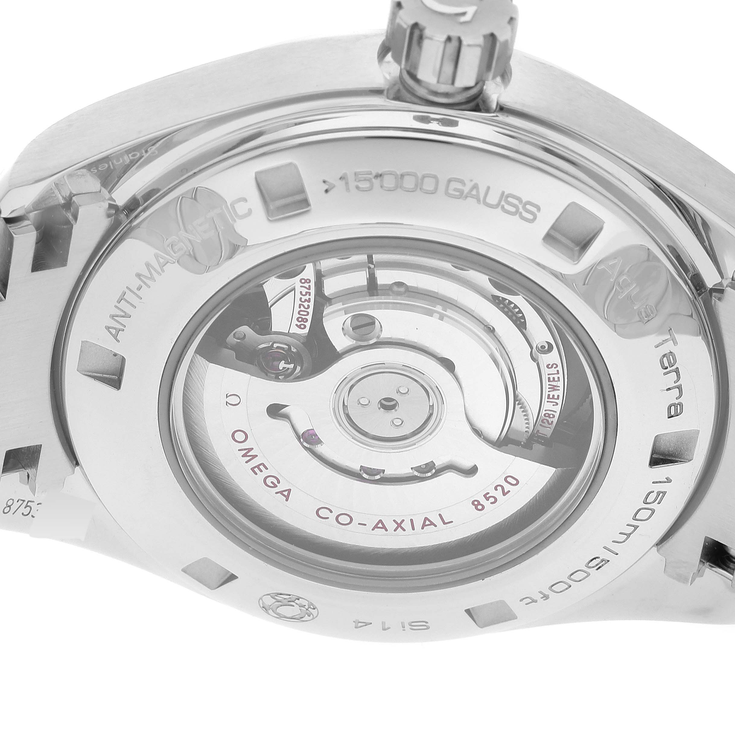 The image shows the back view of the Omega 231.10.34.20.57.001 Women
s Stainless Steel Mother of Pearl Dial 231.10.34.20.57.001 Women
s Stainless Steel Mother of Pearl Dial Aqua Terra 34 MOP Diamond Ladies Watch 231.10.34.20.57.001, highlighting its inner mechanism.