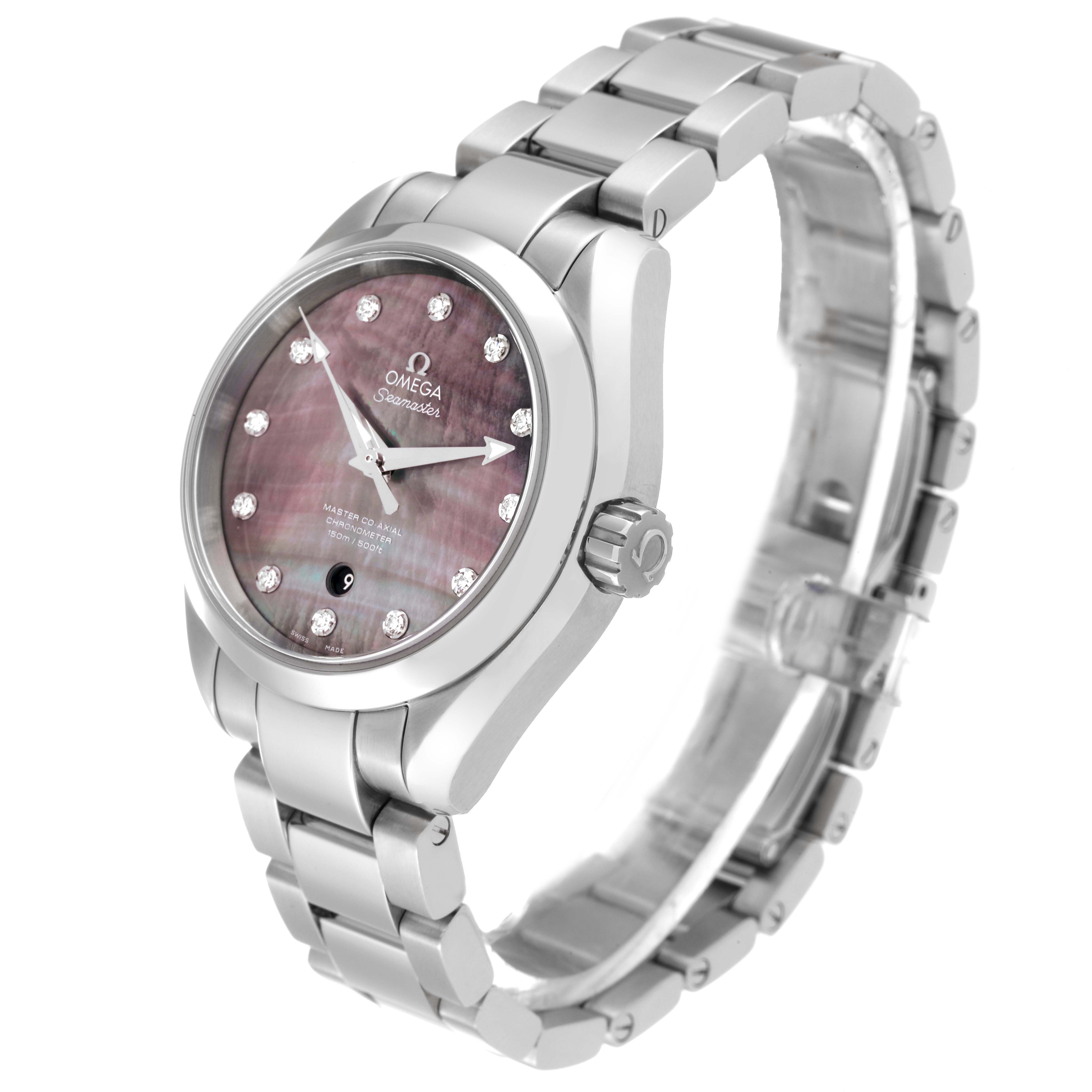 This is an angled front view of an Omega 231.10.34.20.57.001 Women
s Stainless Steel Mother of Pearl Dial 231.10.34.20.57.001 Women
s Stainless Steel Mother of Pearl Dial Aqua Terra 34 MOP Diamond Ladies Watch, showcasing the dial and bracelet.