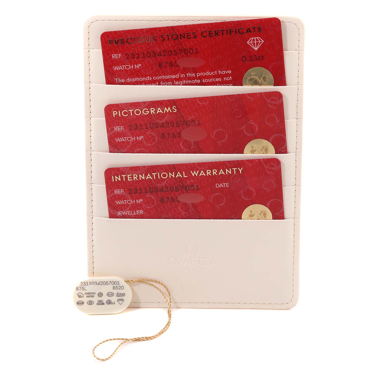 The image shows the warranty cards and certificate for an Omega 231.10.34.20.57.001 Women
s Stainless Steel Mother of Pearl Dial 231.10.34.20.57.001 Women
s Stainless Steel Mother of Pearl Dial Aqua Terra 34 MOP Diamond Ladies Watch, model 231.10.34.20.57.001.