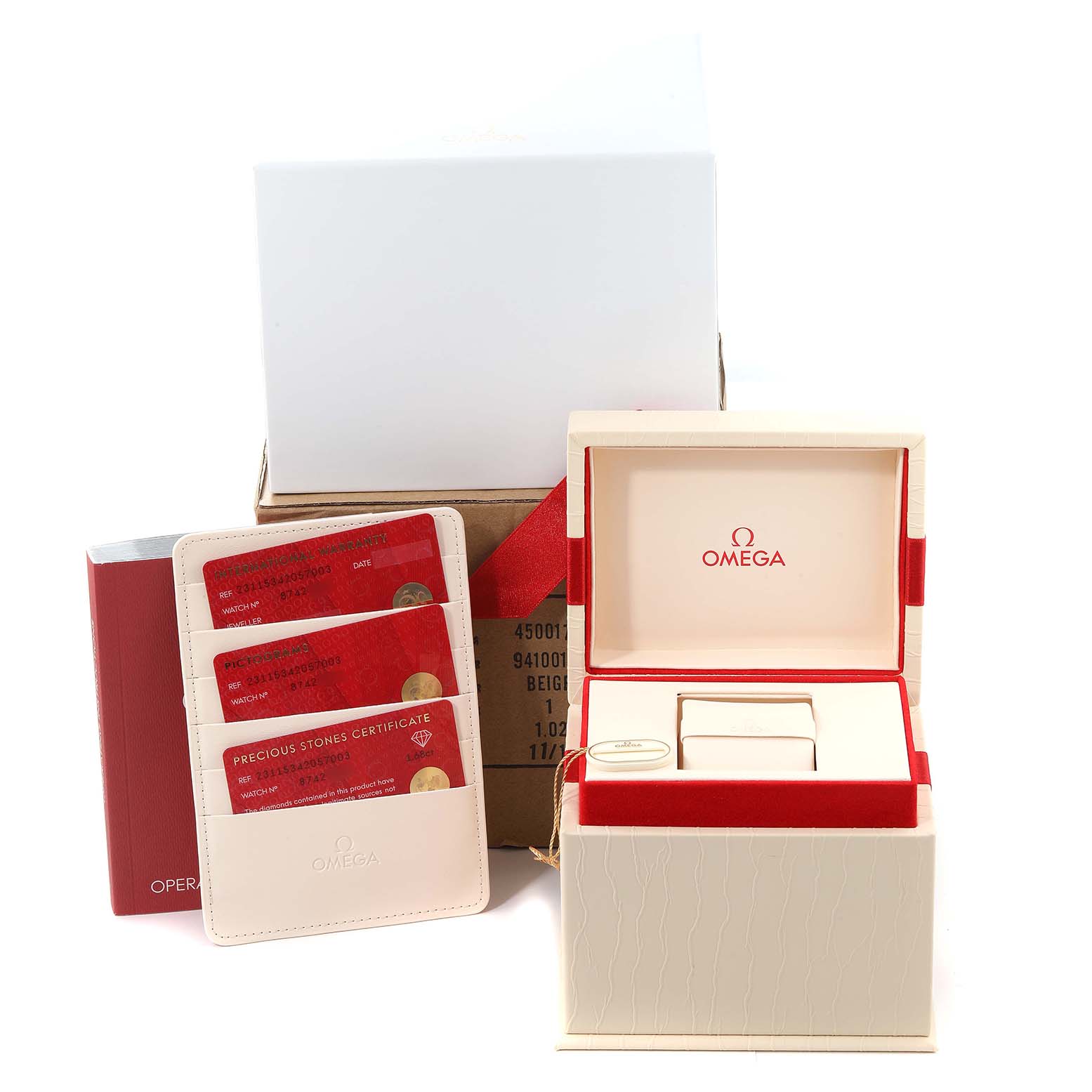 The image shows packaging components for the Omega 231.15.34.20.57.003 Women's Stainless Steel Mother of Pearl Dial 231.15.34.20.57.003 Women's Stainless Steel Mother of Pearl Dial Aqua Terra 34 Mother Of Pearl Diamond Ladies Watch 231.15.34.20.57.003, including the box and certificates.