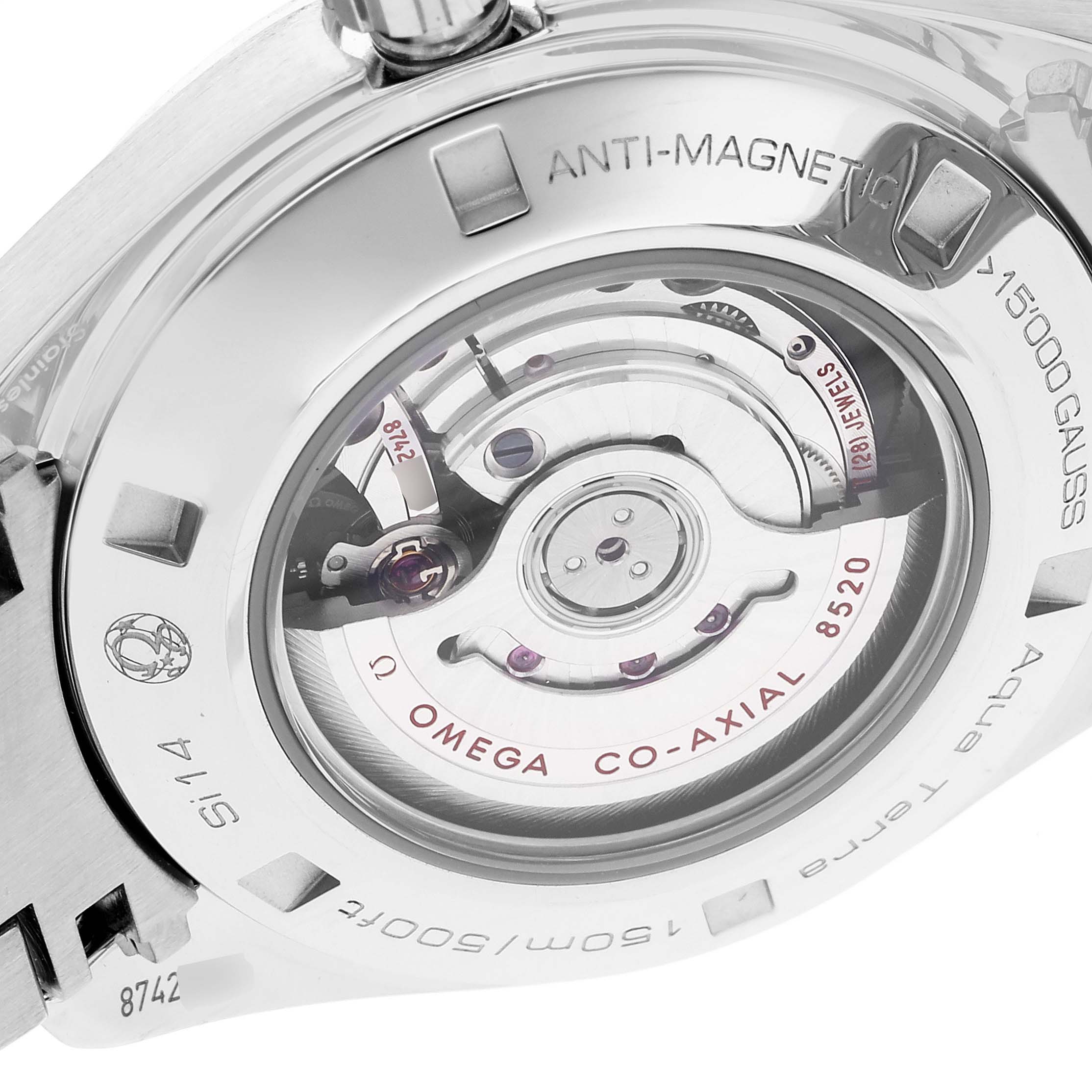 The image shows the back view of the Omega 231.15.34.20.57.003 Women's Stainless Steel Mother of Pearl Dial 231.15.34.20.57.003 Women's Stainless Steel Mother of Pearl Dial Aqua Terra 34 Mother Of Pearl Diamond Ladies Watch 231.15.34.20.57.003, highlighting its anti-magnetic co-axial movement.