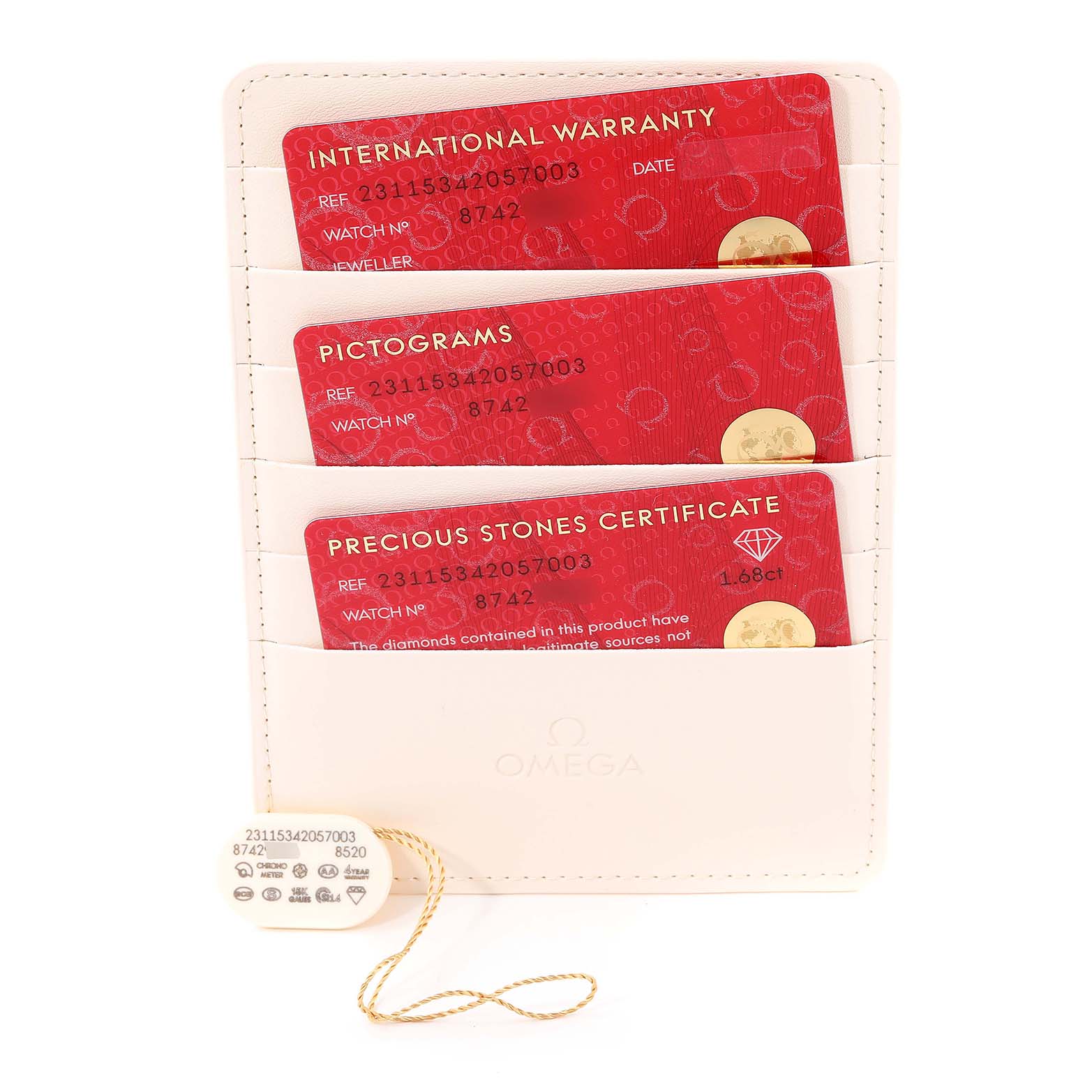 The image shows the accessories for the Omega 231.15.34.20.57.003 Women's Stainless Steel Mother of Pearl Dial 231.15.34.20.57.003 Women's Stainless Steel Mother of Pearl Dial Aqua Terra 34 Mother Of Pearl Diamond Ladies Watch, including warranty cards and a tag.