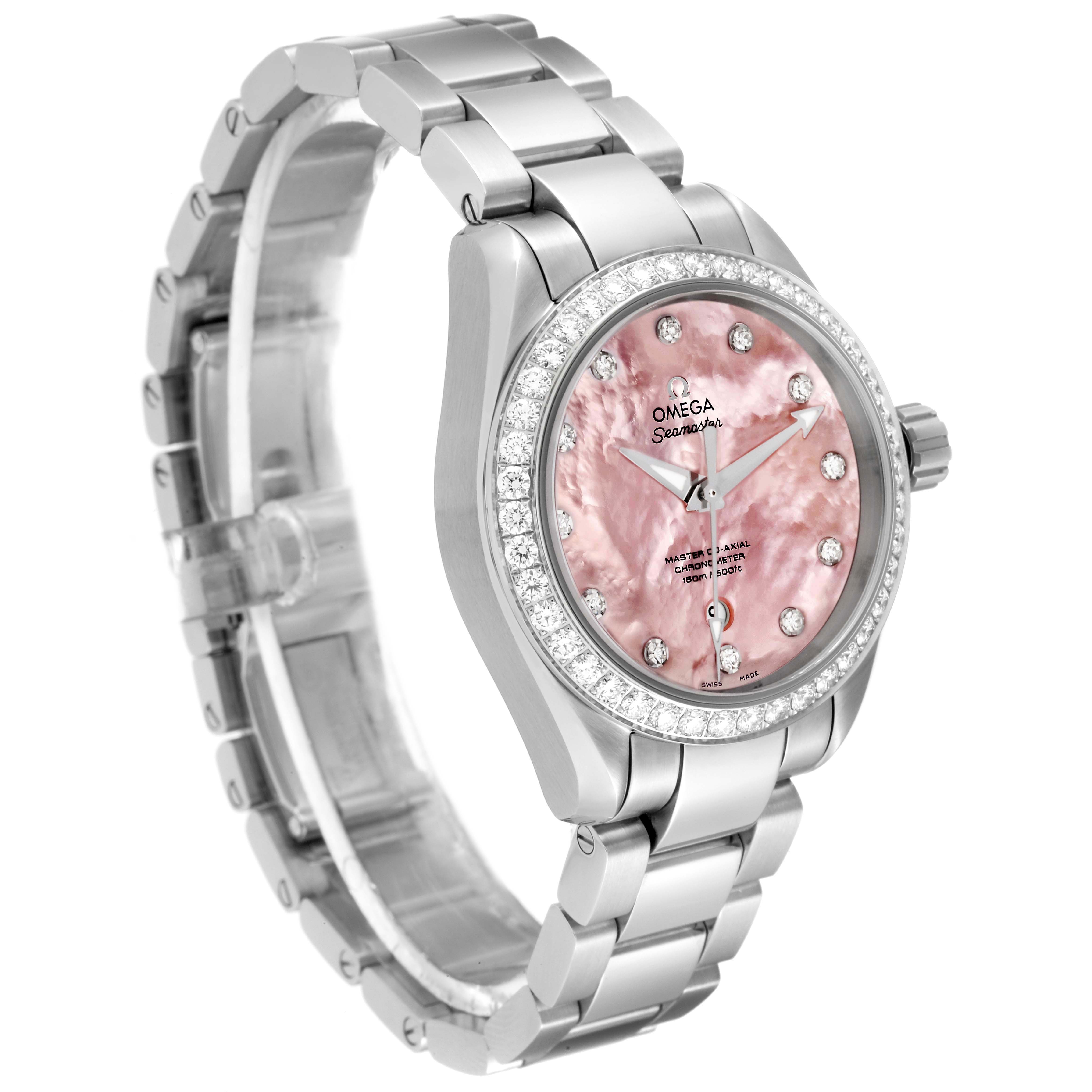 The Omega 231.15.34.20.57.003 Women's Stainless Steel Mother of Pearl Dial 231.15.34.20.57.003 Women's Stainless Steel Mother of Pearl Dial Aqua Terra 34 Mother Of Pearl Diamond Ladies Watch 231.15.34.20.57.003 is shown at an angle highlighting its face, band, and side.