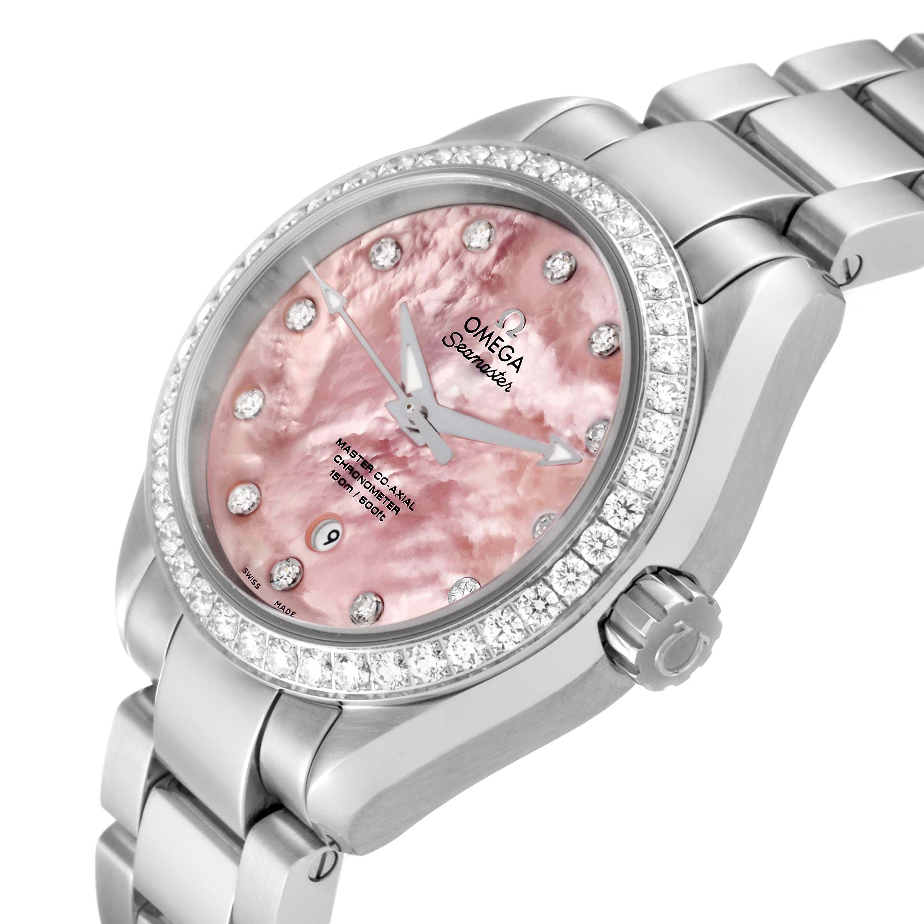 This image shows the face and side of the Omega 231.15.34.20.57.003 Women's Stainless Steel Mother of Pearl Dial 231.15.34.20.57.003 Women's Stainless Steel Mother of Pearl Dial Aqua Terra 34 Mother Of Pearl Diamond Ladies Watch model 231.15.34.20.57.003 at a slight angle.