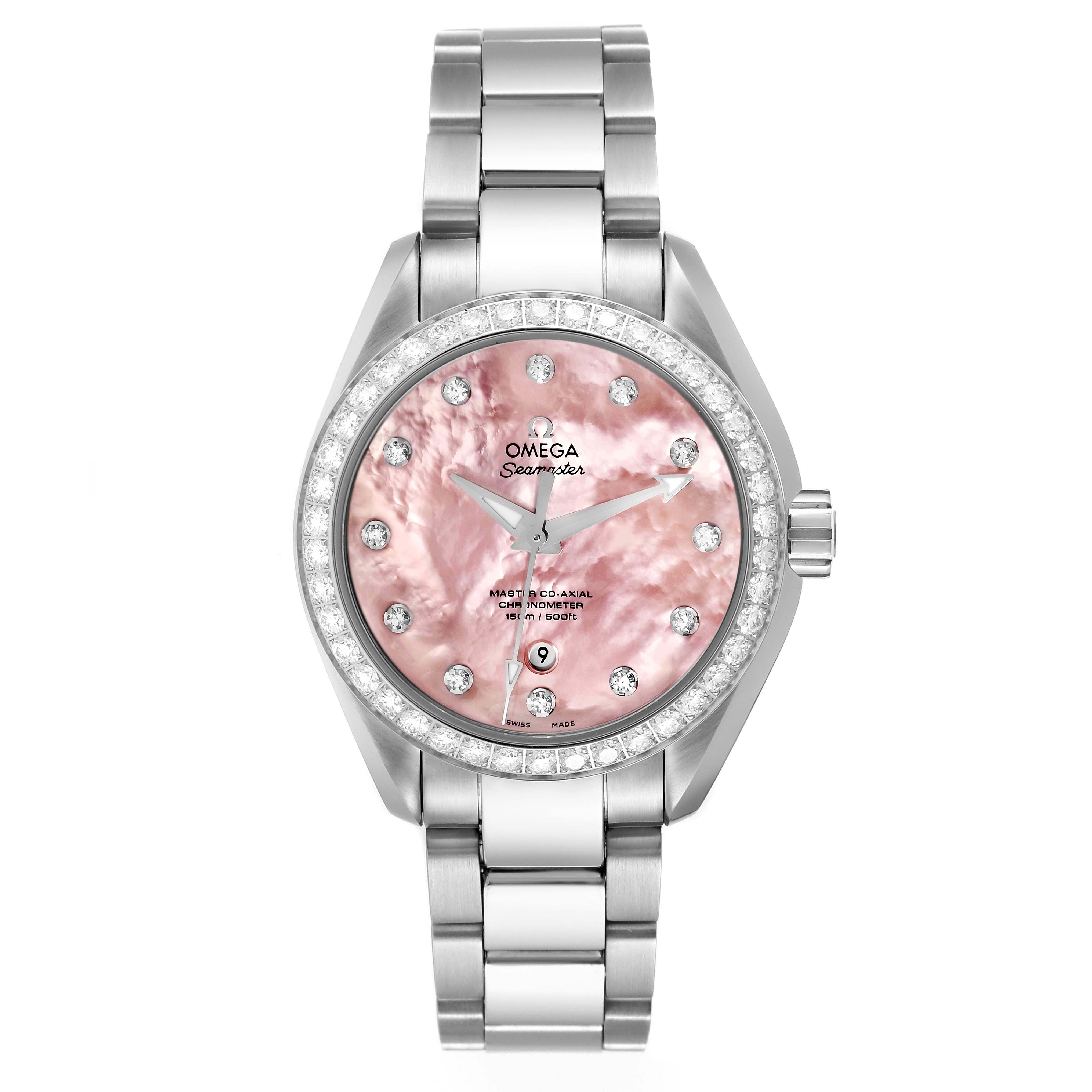 The image shows a frontal view of the Omega 231.15.34.20.57.003 Women's Stainless Steel Mother of Pearl Dial 231.15.34.20.57.003 Women's Stainless Steel Mother of Pearl Dial Aqua Terra 34 Mother Of Pearl Diamond Ladies Watch 231.15.34.20.57.003 Unworn model.