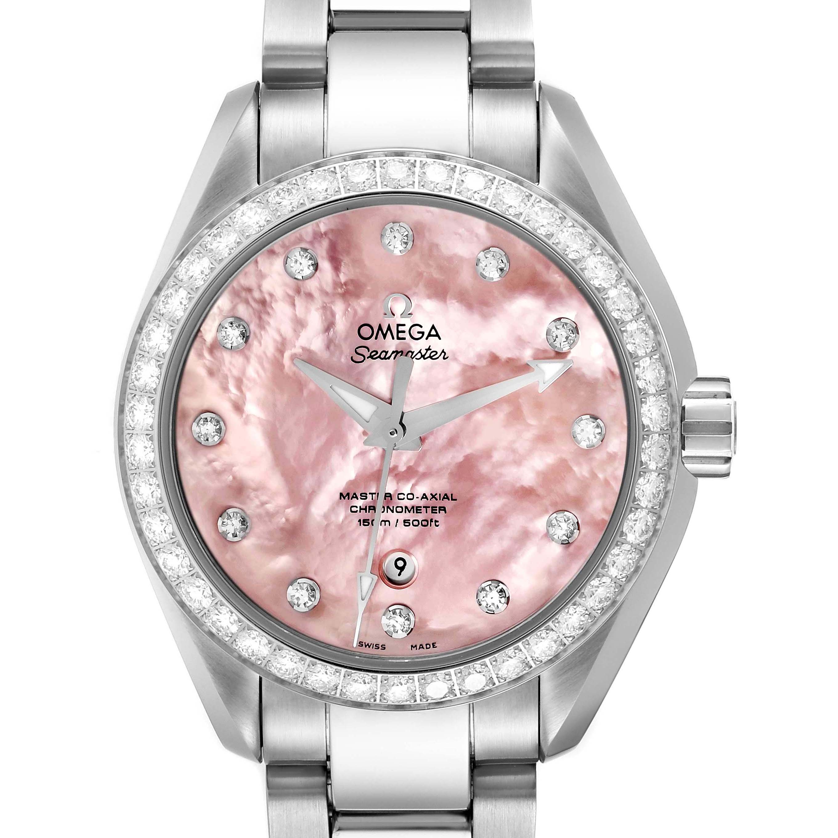 This image shows a front view of the Omega 231.15.34.20.57.003 Women's Stainless Steel Mother of Pearl Dial 231.15.34.20.57.003 Women's Stainless Steel Mother of Pearl Dial Aqua Terra 34 Mother Of Pearl Diamond Ladies Watch 231.15.34.20.57.003, highlighting the dial and bezel.