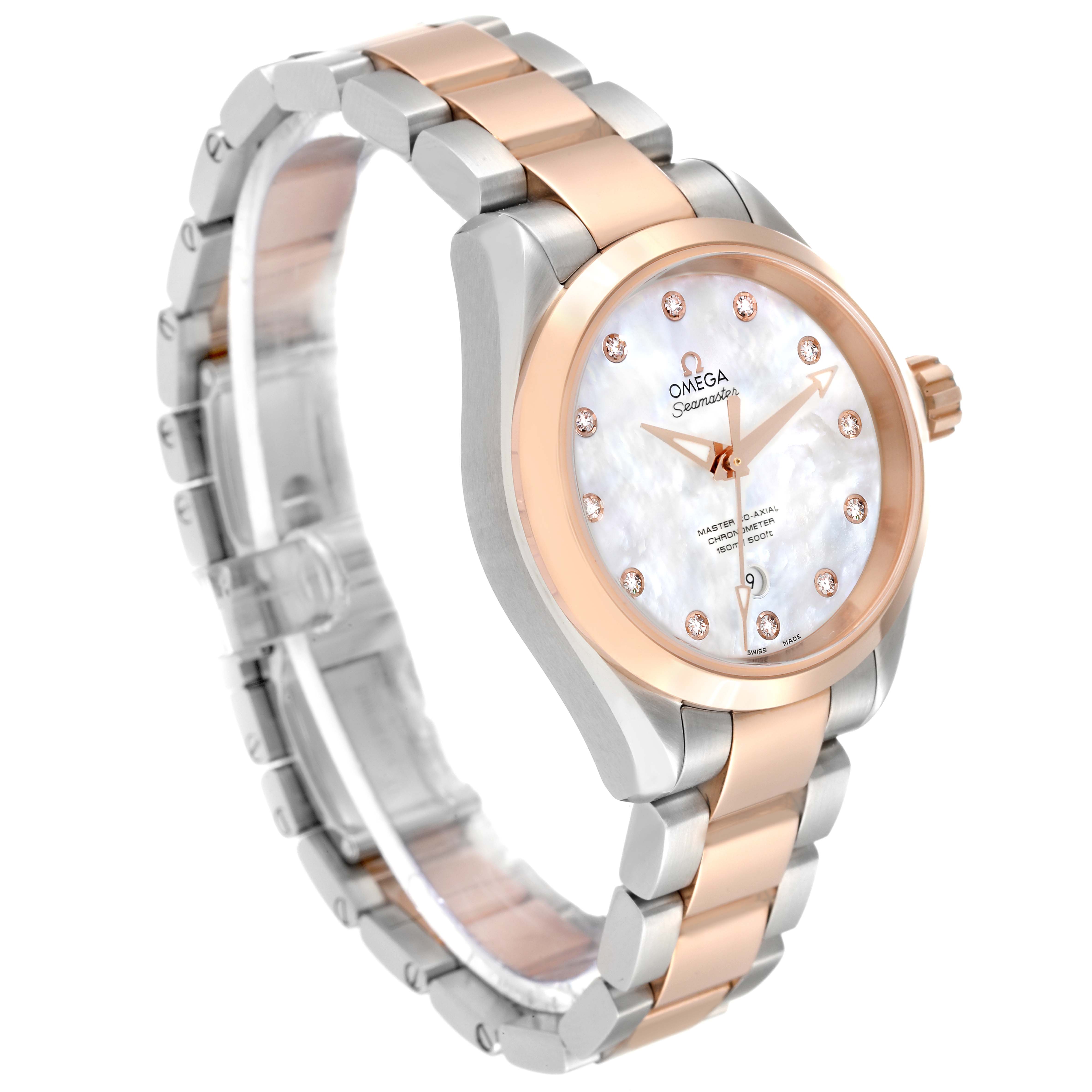 The Aqua Terra Rose Gold MOP Diamond Ladies Watch 231.20.34.20.55.001 by Omega 231.20.34.20.55.001 Women
s Steel and Gold (two tone) Mother of Pearl Dial 231.20.34.20.55.001 Women
s Steel and Gold (two tone) Mother of Pearl Dial is shown at a 3/4 angle displaying the face and band.