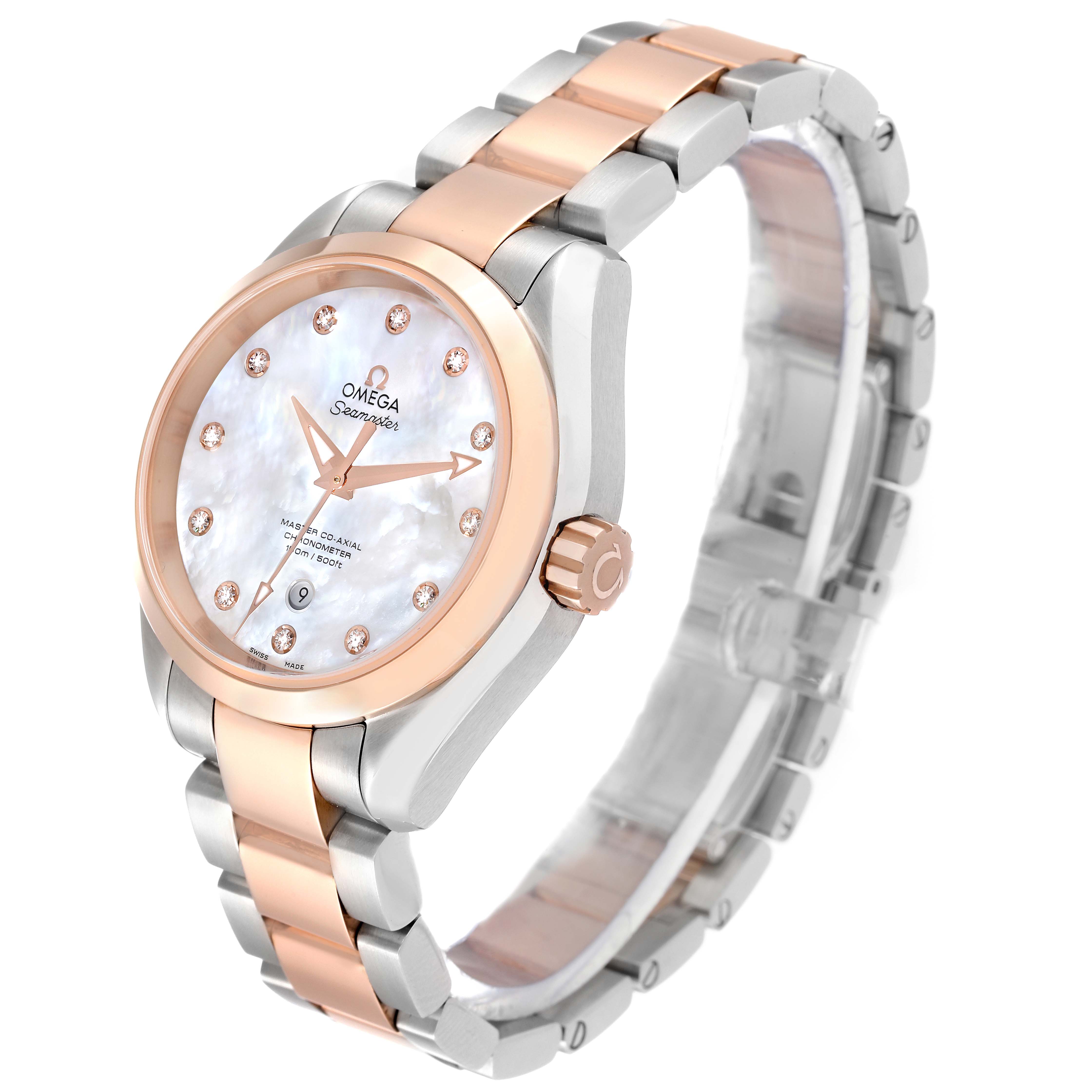 This image shows a front-left angled view of the Omega 231.20.34.20.55.001 Women
s Steel and Gold (two tone) Mother of Pearl Dial 231.20.34.20.55.001 Women
s Steel and Gold (two tone) Mother of Pearl Dial Aqua Terra Rose Gold MOP Diamond Ladies Watch model 231.20.34.20.55.001.