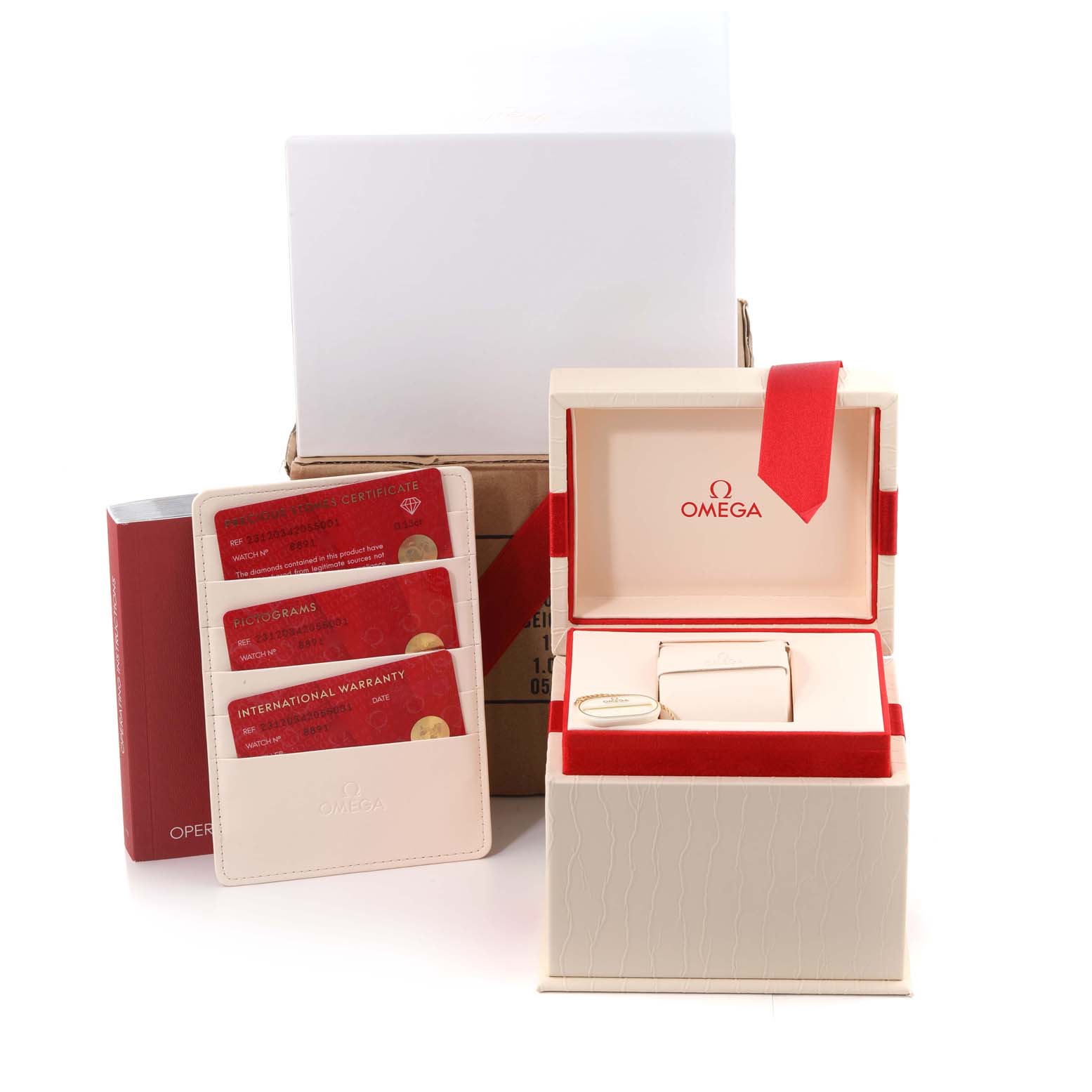 The image shows the packaging, warranty cards, and box for the Omega 231.20.34.20.55.001 Women
s Steel and Gold (two tone) Mother of Pearl Dial 231.20.34.20.55.001 Women
s Steel and Gold (two tone) Mother of Pearl Dial Aqua Terra Rose Gold MOP Diamond Ladies Watch model 231.20.34.20.55.001.