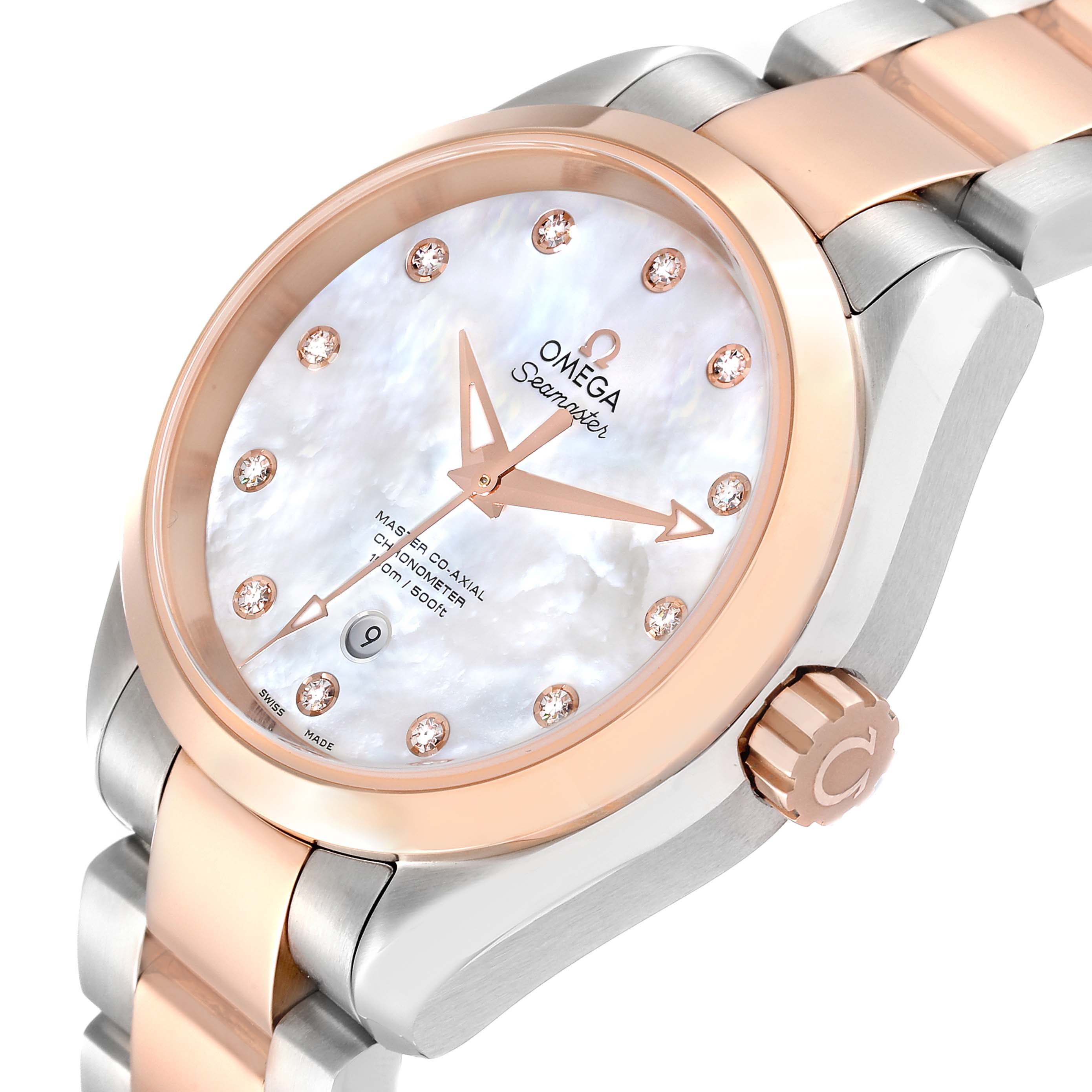 The image shows an angled close-up view of the Omega 231.20.34.20.55.001 Women
s Steel and Gold (two tone) Mother of Pearl Dial 231.20.34.20.55.001 Women
s Steel and Gold (two tone) Mother of Pearl Dial Aqua Terra Rose Gold MOP Diamond Ladies Watch, highlighting its dial and part of the bracelet.