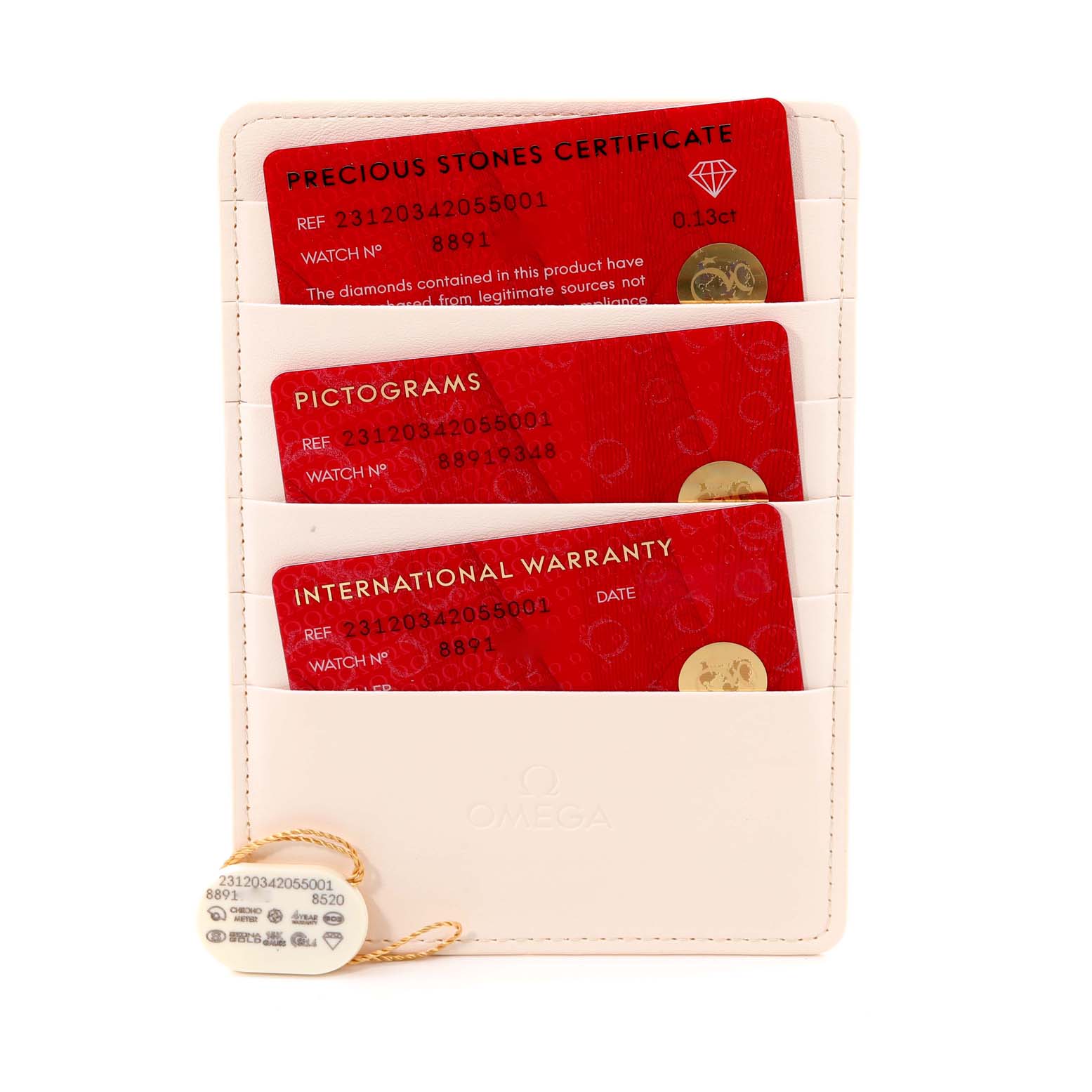 The image shows certification cards for the Omega 231.20.34.20.55.001 Women
s Steel and Gold (two tone) Mother of Pearl Dial 231.20.34.20.55.001 Women
s Steel and Gold (two tone) Mother of Pearl Dial Aqua Terra Rose Gold MOP Diamond Ladies Watch 231.20.34.20.55.001 and its tag.