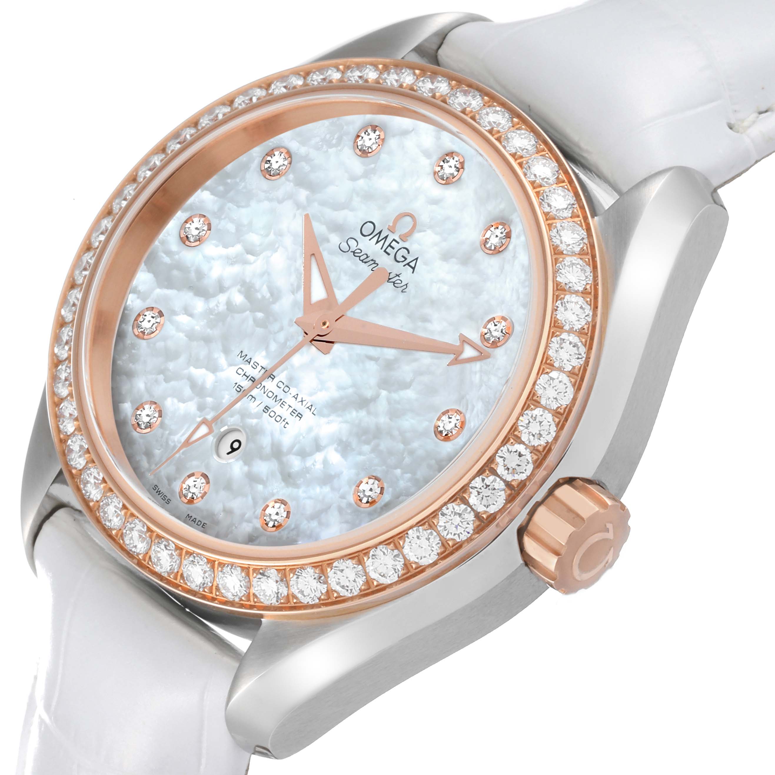 The image shows a front angle of the Omega 231.28.34.20.55.003 Women
s Stainless Steel Mother of Pearl Dial 231.28.34.20.55.003 Women
s Stainless Steel Mother of Pearl Dial Aqua Terra Steel Rose Gold Diamond Ladies Watch 231.28.34.20.55.003.