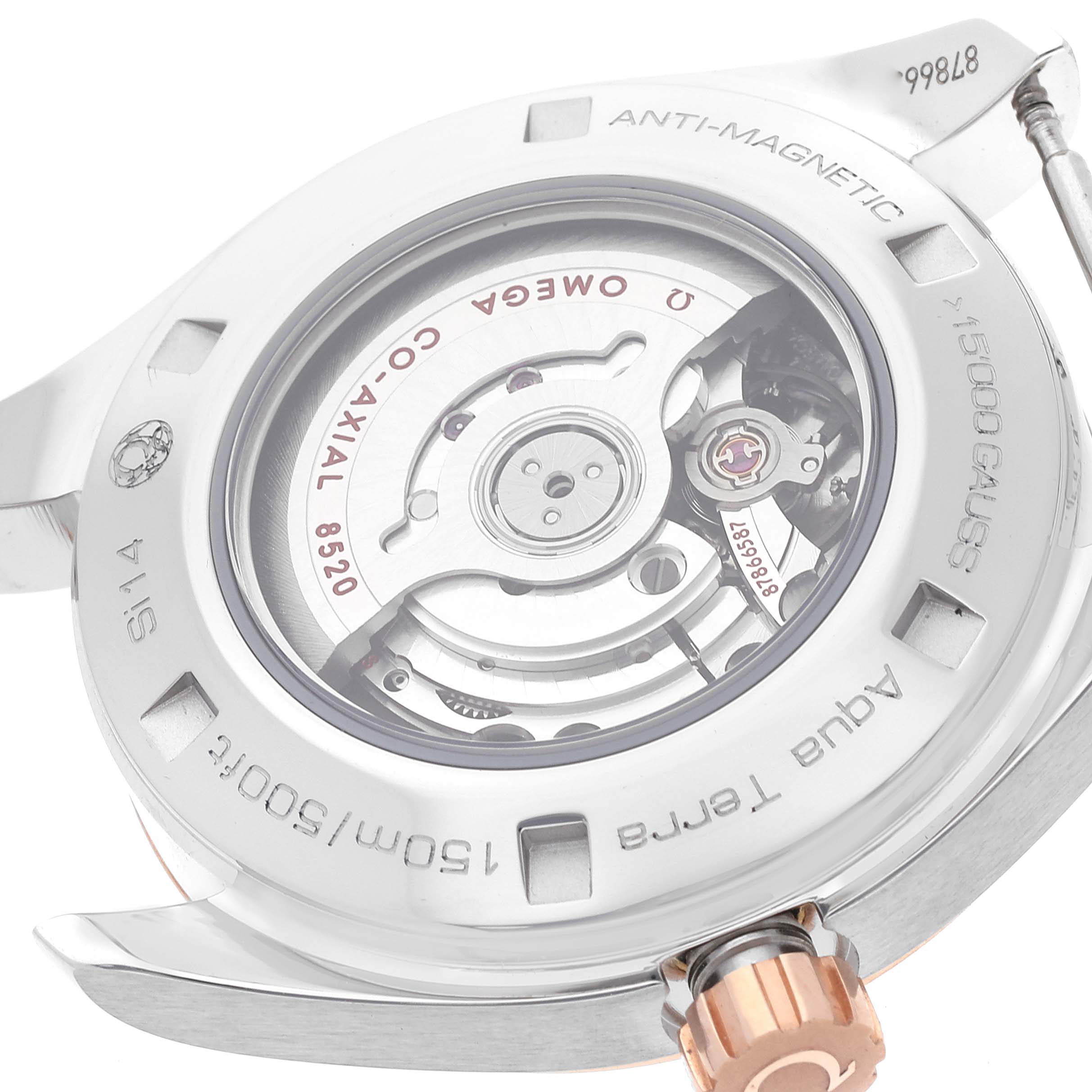 The image shows the case back and movement of the Omega 231.28.34.20.55.003 Women
s Stainless Steel Mother of Pearl Dial 231.28.34.20.55.003 Women
s Stainless Steel Mother of Pearl Dial Aqua Terra Steel Rose Gold Diamond Ladies Watch 231.28.34.20.55.003 model.