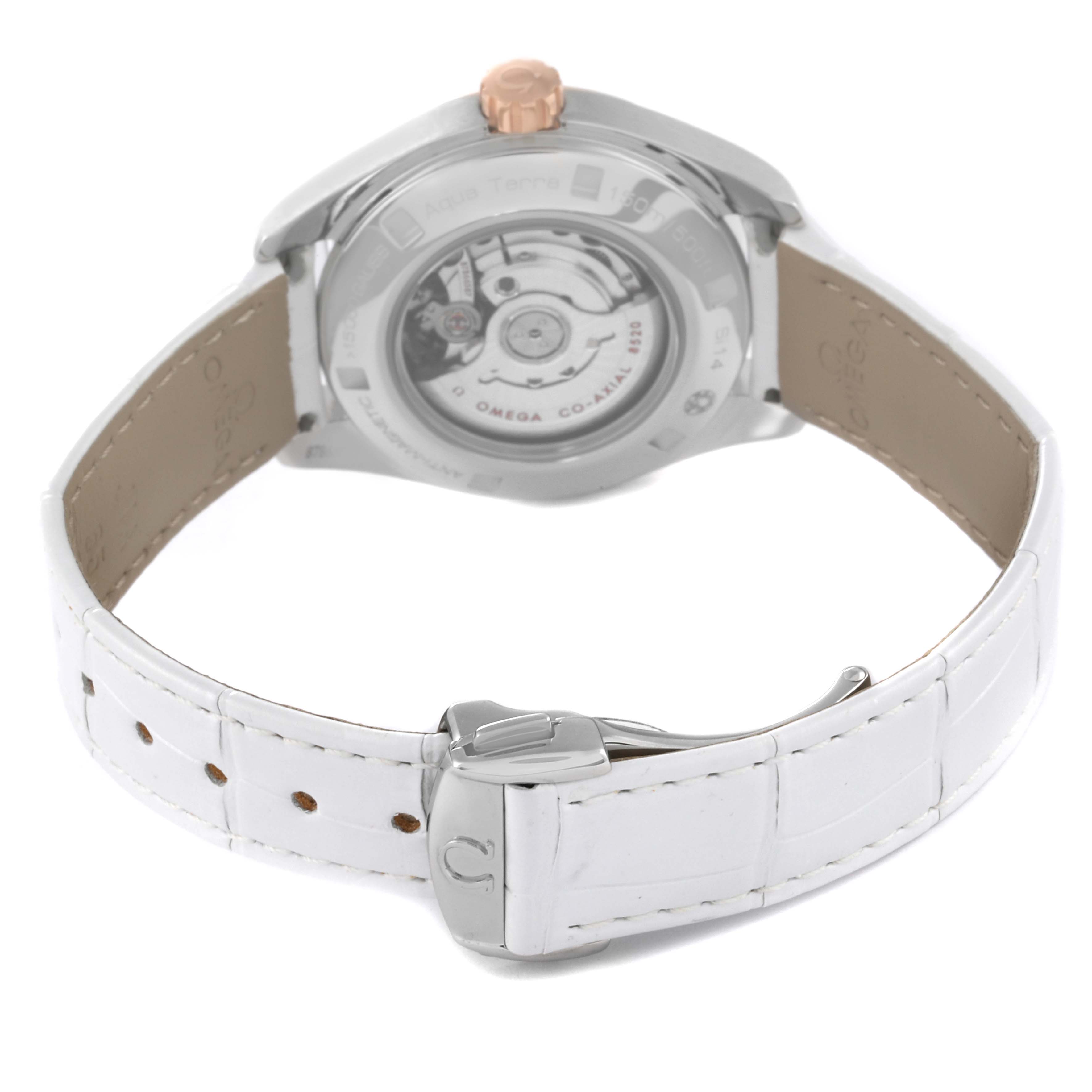 The image shows the back view of the Omega 231.28.34.20.55.003 Women
s Stainless Steel Mother of Pearl Dial 231.28.34.20.55.003 Women
s Stainless Steel Mother of Pearl Dial Aqua Terra Steel Rose Gold Diamond Ladies Watch 231.28.34.20.55.003 with a white strap.