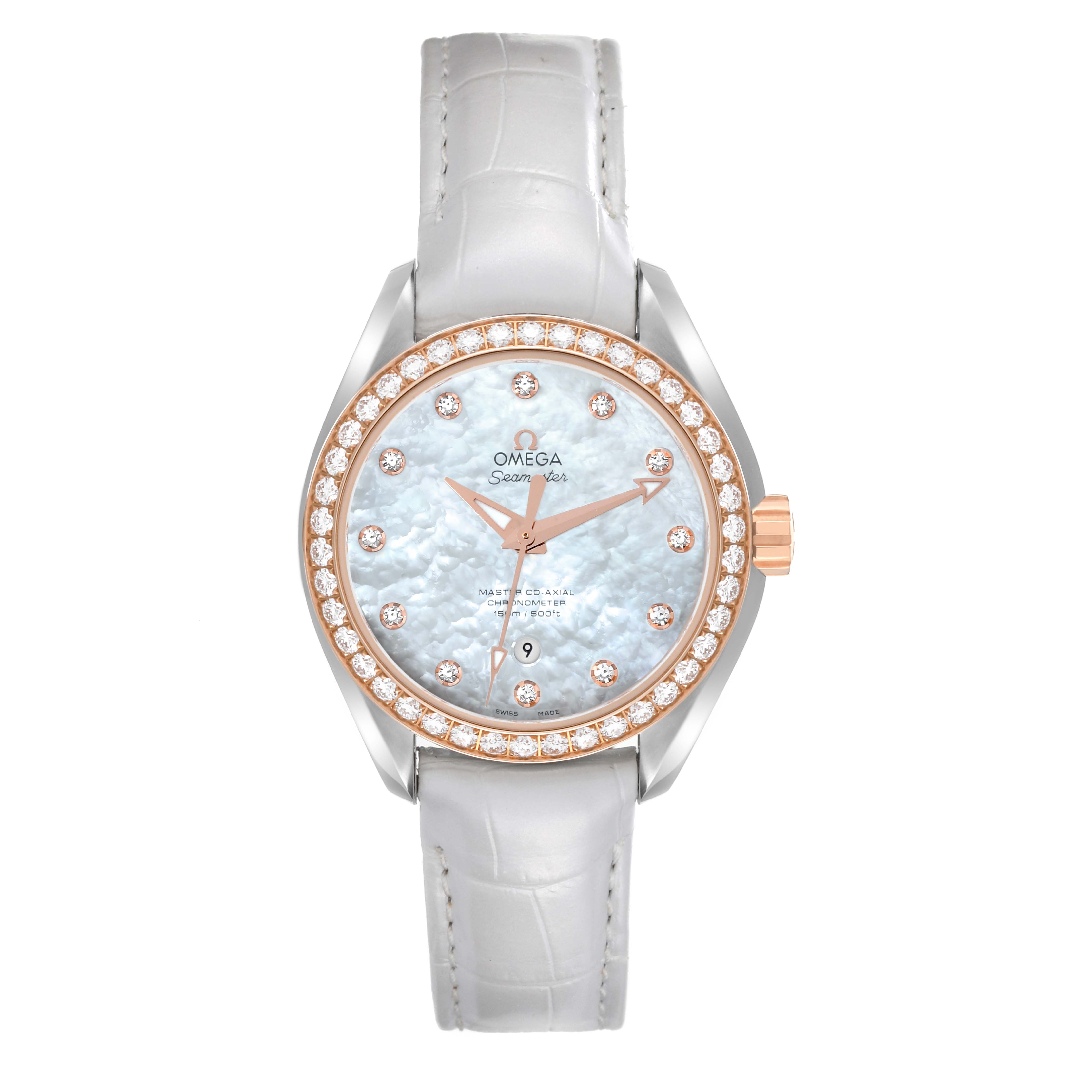 The Omega 231.28.34.20.55.003 Women
s Stainless Steel Mother of Pearl Dial 231.28.34.20.55.003 Women
s Stainless Steel Mother of Pearl Dial Aqua Terra Steel Rose Gold Diamond Ladies Watch 231.28.34.20.55.003 is shown from the front, displaying its face and strap.
