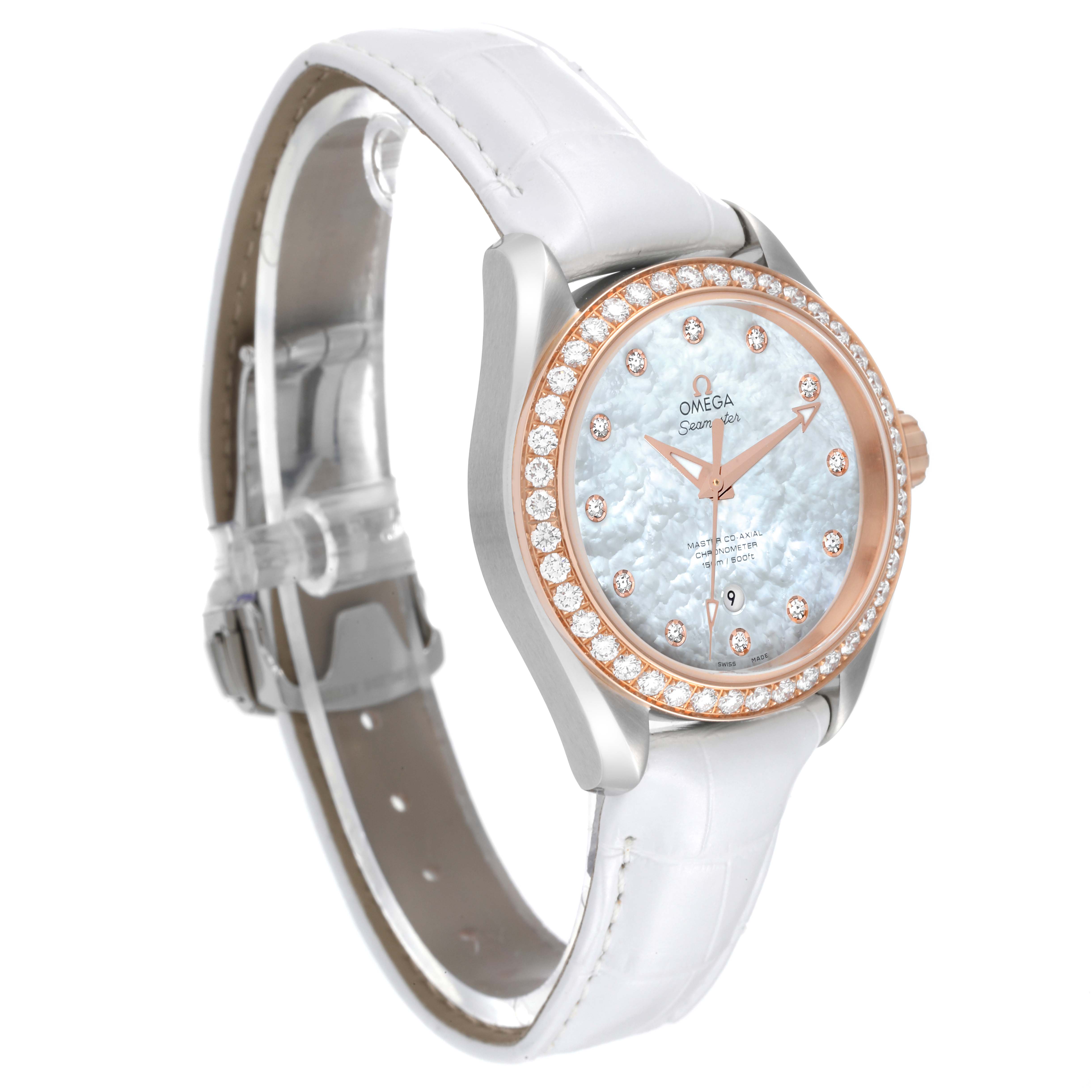 The Omega 231.28.34.20.55.003 Women
s Stainless Steel Mother of Pearl Dial 231.28.34.20.55.003 Women
s Stainless Steel Mother of Pearl Dial Aqua Terra Steel Rose Gold Diamond Ladies Watch 231.28.34.20.55.003 is shown from a front-left angle, displaying the case, dial, and strap.