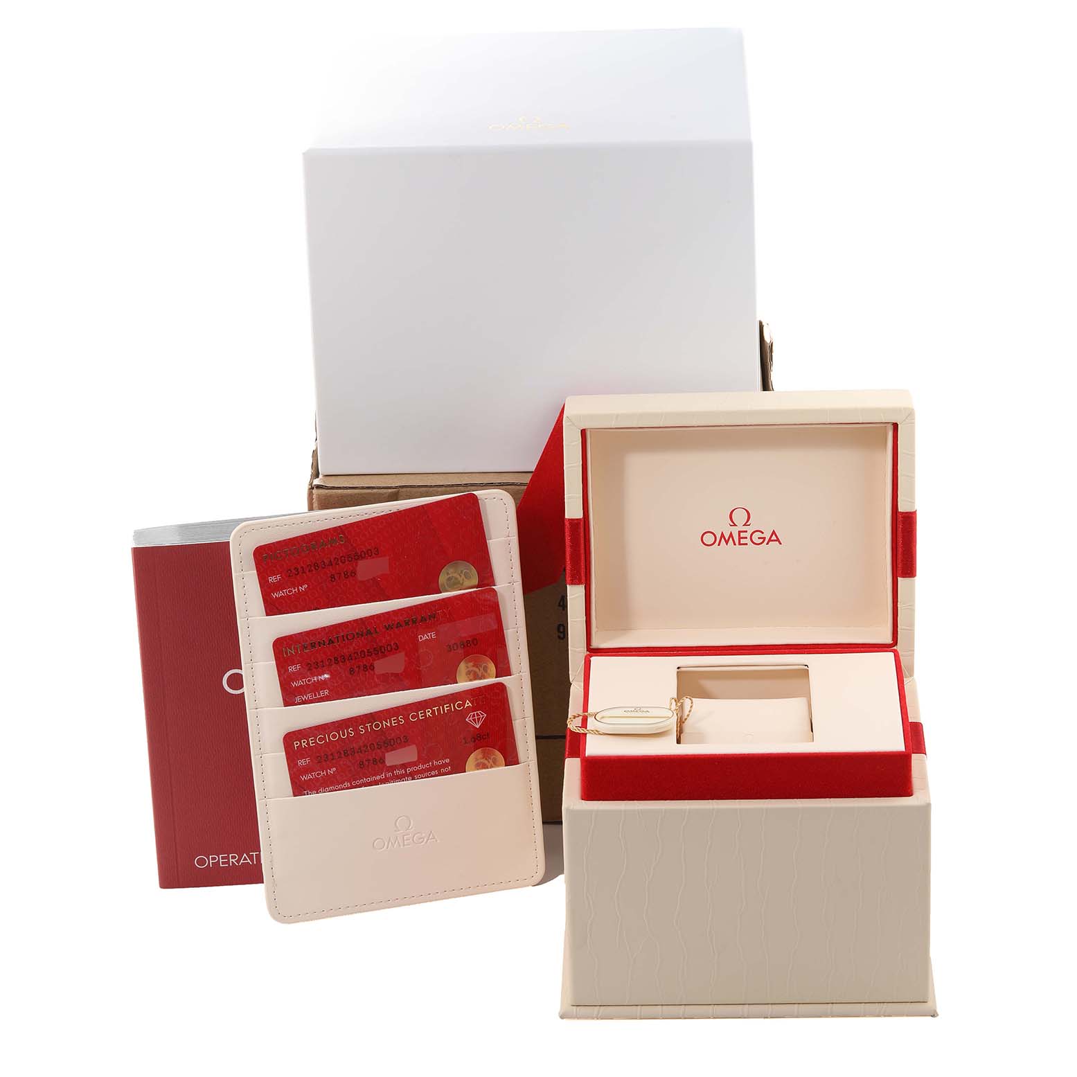 The image shows the packaging, certificates, and box of the Omega 231.28.34.20.55.003 Women
s Stainless Steel Mother of Pearl Dial 231.28.34.20.55.003 Women
s Stainless Steel Mother of Pearl Dial Aqua Terra Steel Rose Gold Diamond Ladies Watch 231.28.34.20.55.003.