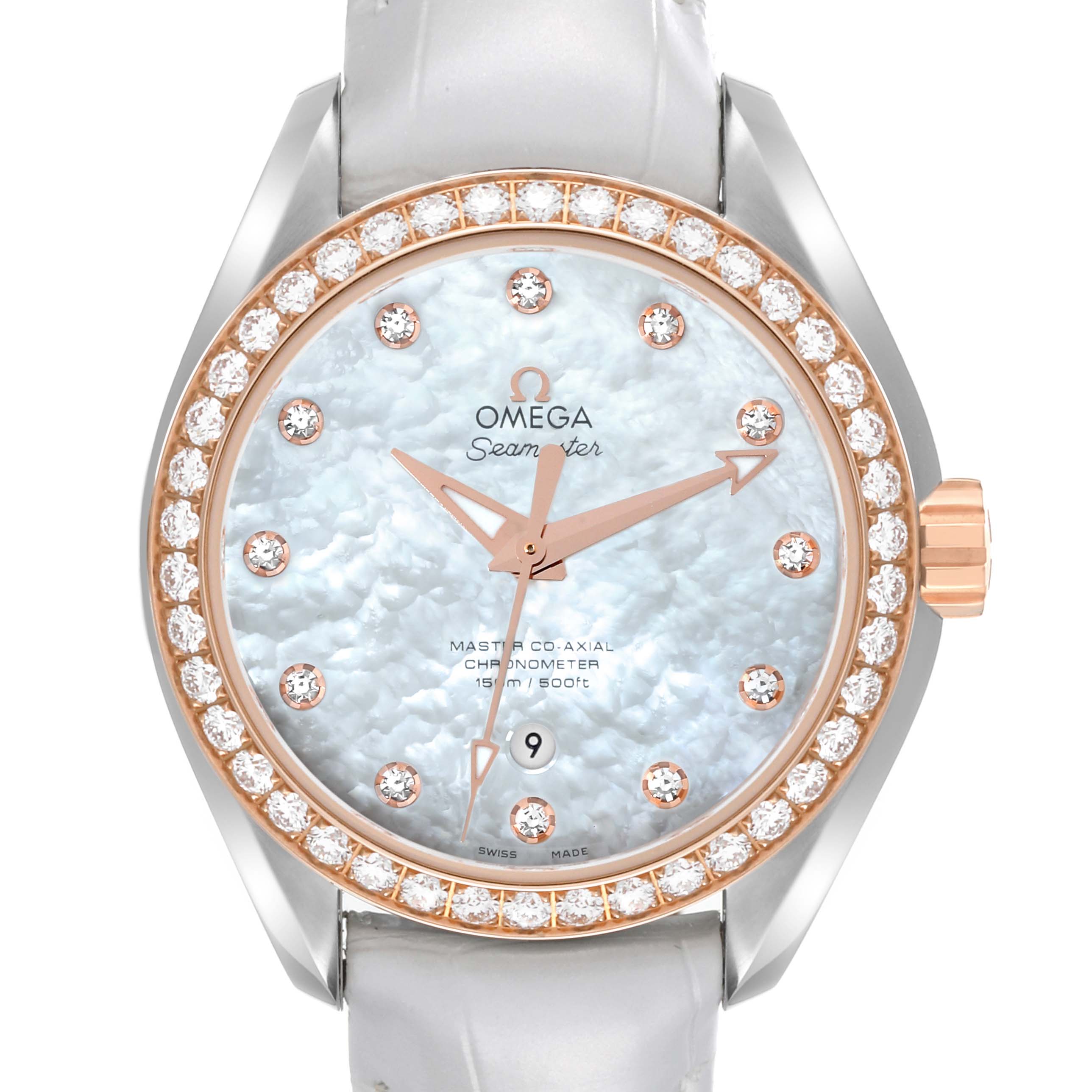 The image shows the front view of the Omega 231.28.34.20.55.003 Women
s Stainless Steel Mother of Pearl Dial 231.28.34.20.55.003 Women
s Stainless Steel Mother of Pearl Dial Aqua Terra Steel Rose Gold Diamond Ladies Watch model 231.28.34.20.55.003.