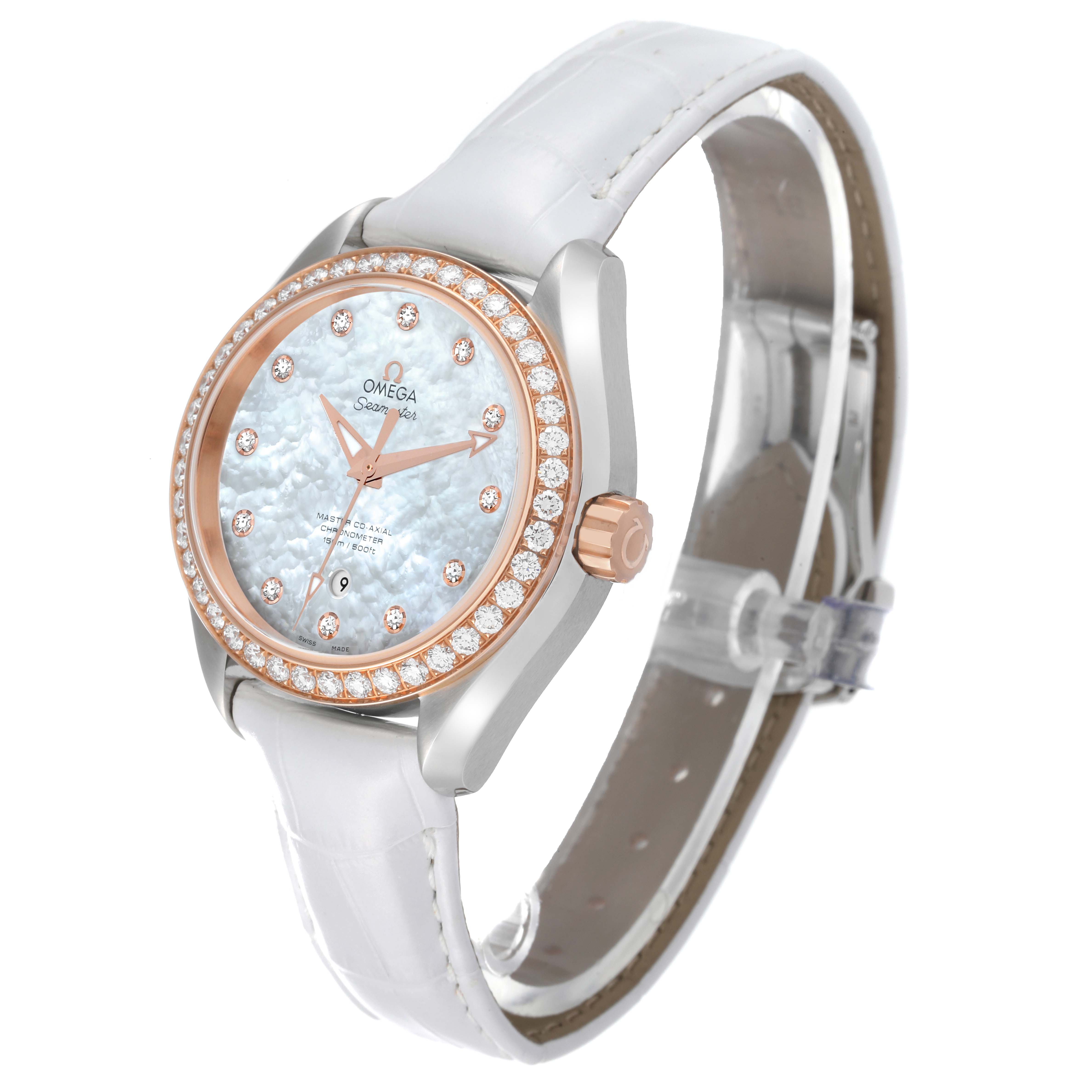 The image shows an angled side view of the Omega 231.28.34.20.55.003 Women
s Stainless Steel Mother of Pearl Dial 231.28.34.20.55.003 Women
s Stainless Steel Mother of Pearl Dial Aqua Terra Steel Rose Gold Diamond Ladies Watch 231.28.34.20.55.003, highlighting the bezel and strap.