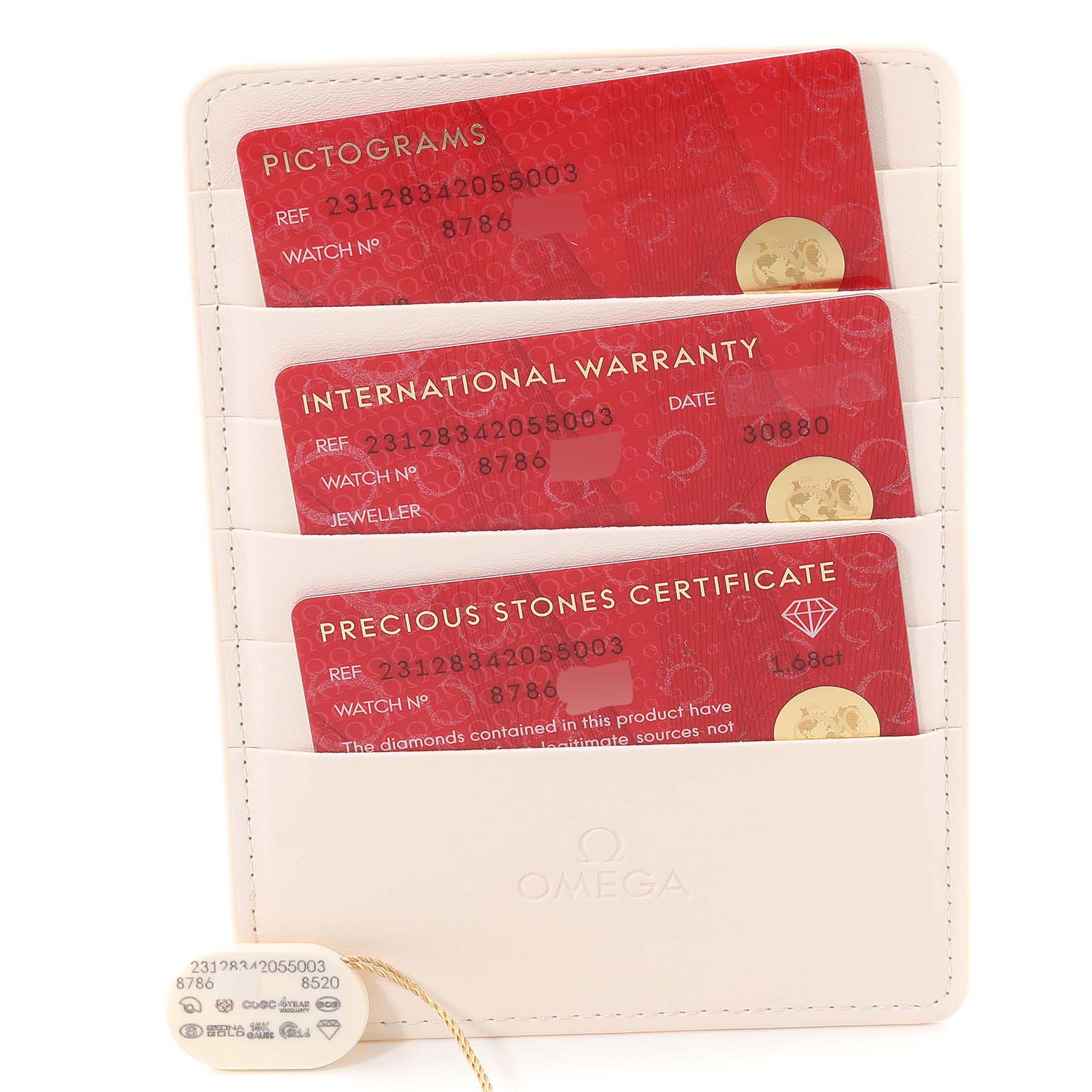 The image shows the documentation for an Omega 231.28.34.20.55.003 Women
s Stainless Steel Mother of Pearl Dial 231.28.34.20.55.003 Women
s Stainless Steel Mother of Pearl Dial Aqua Terra Steel Rose Gold Diamond Ladies Watch 231.28.34.20.55.003.