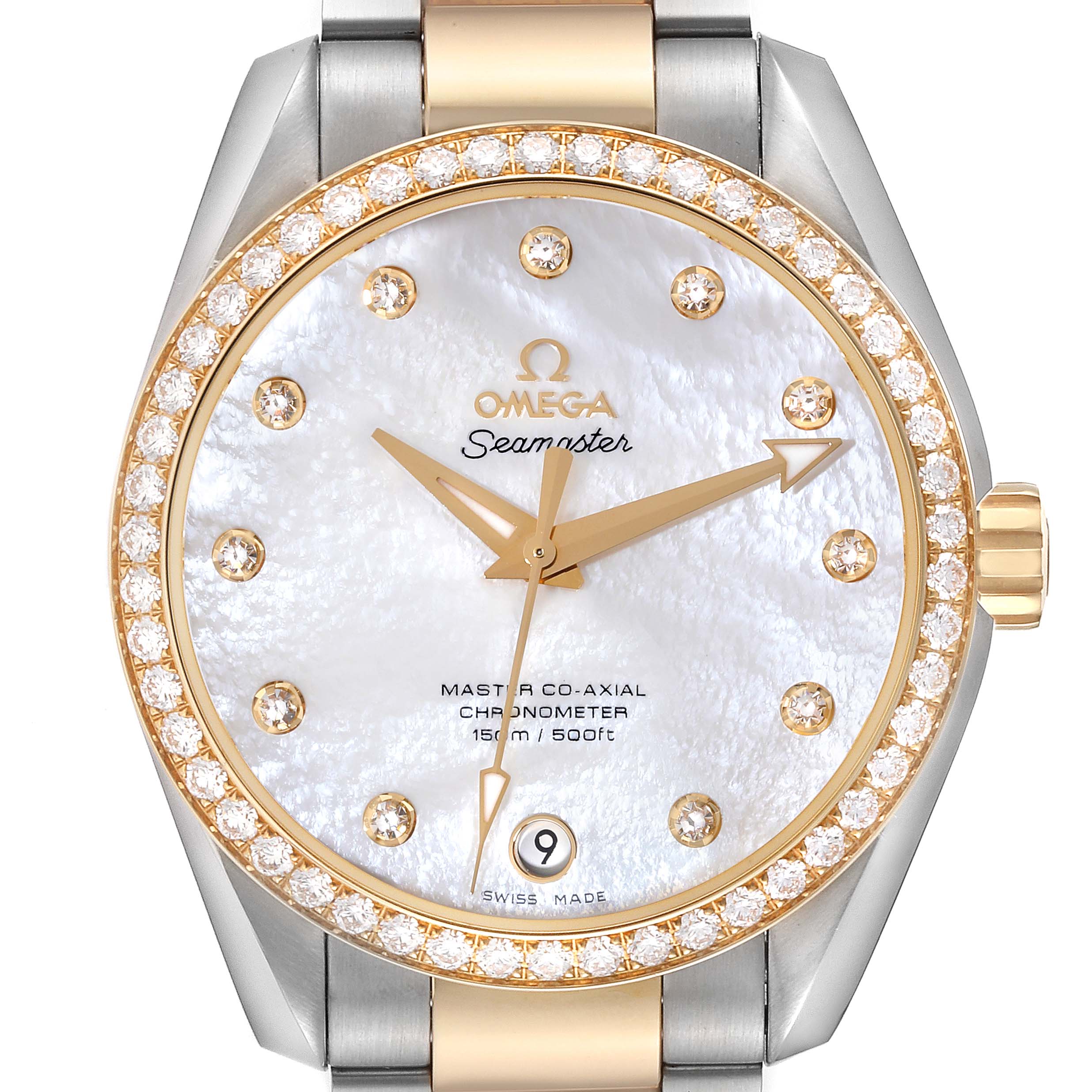 This close-up image of the Omega Aqua Terra 231.25.39.21.55.002 Men's Steel and Gold (two tone) Mother of Pearl Dial 231.25.39.21.55.002 Men's Steel and Gold (two tone) Mother of Pearl Dial watch captures its face, bezel, and part of the bracelet.