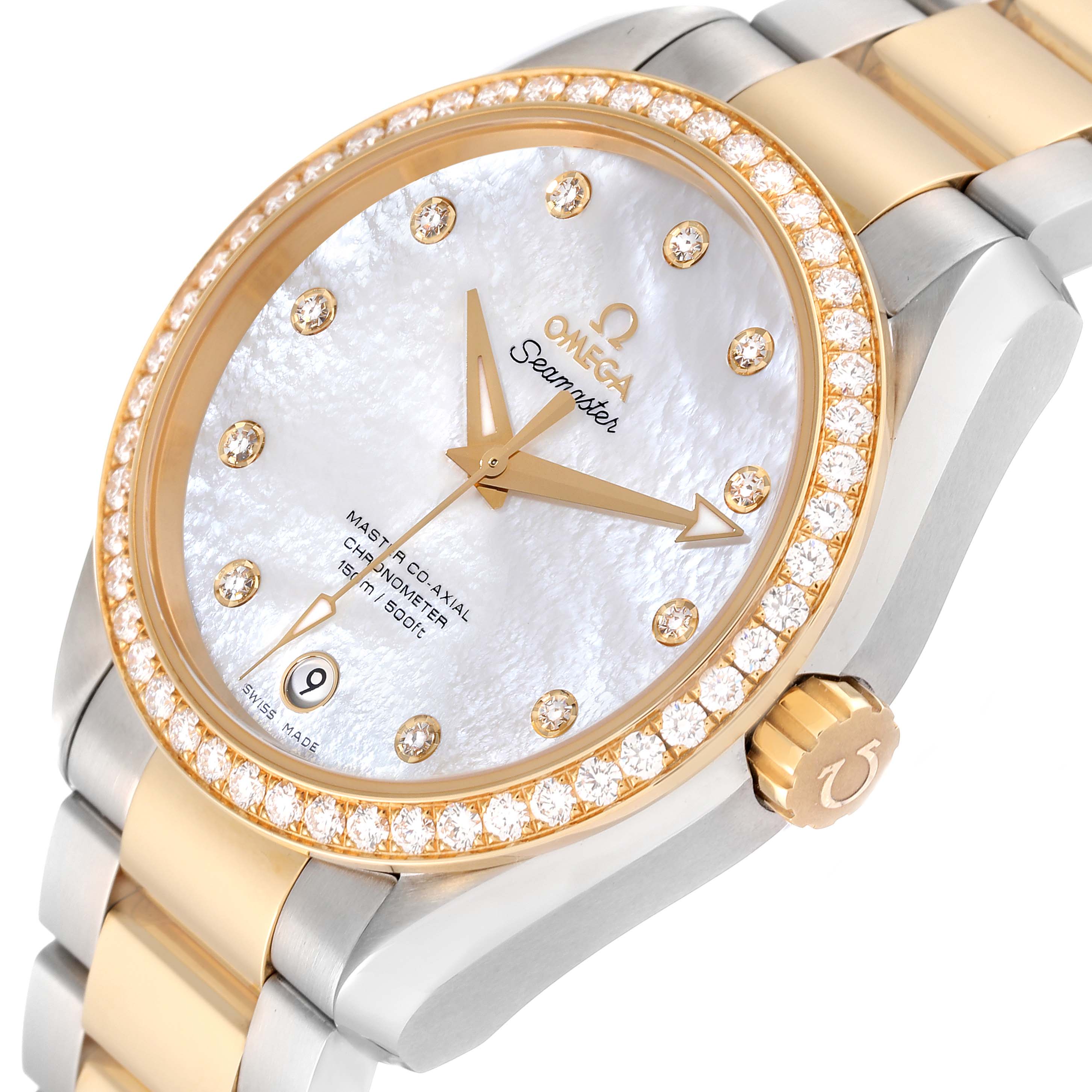 The image shows a close-up of the dial and part of the bracelet of the Omega Seamaster Aqua Terra watch.