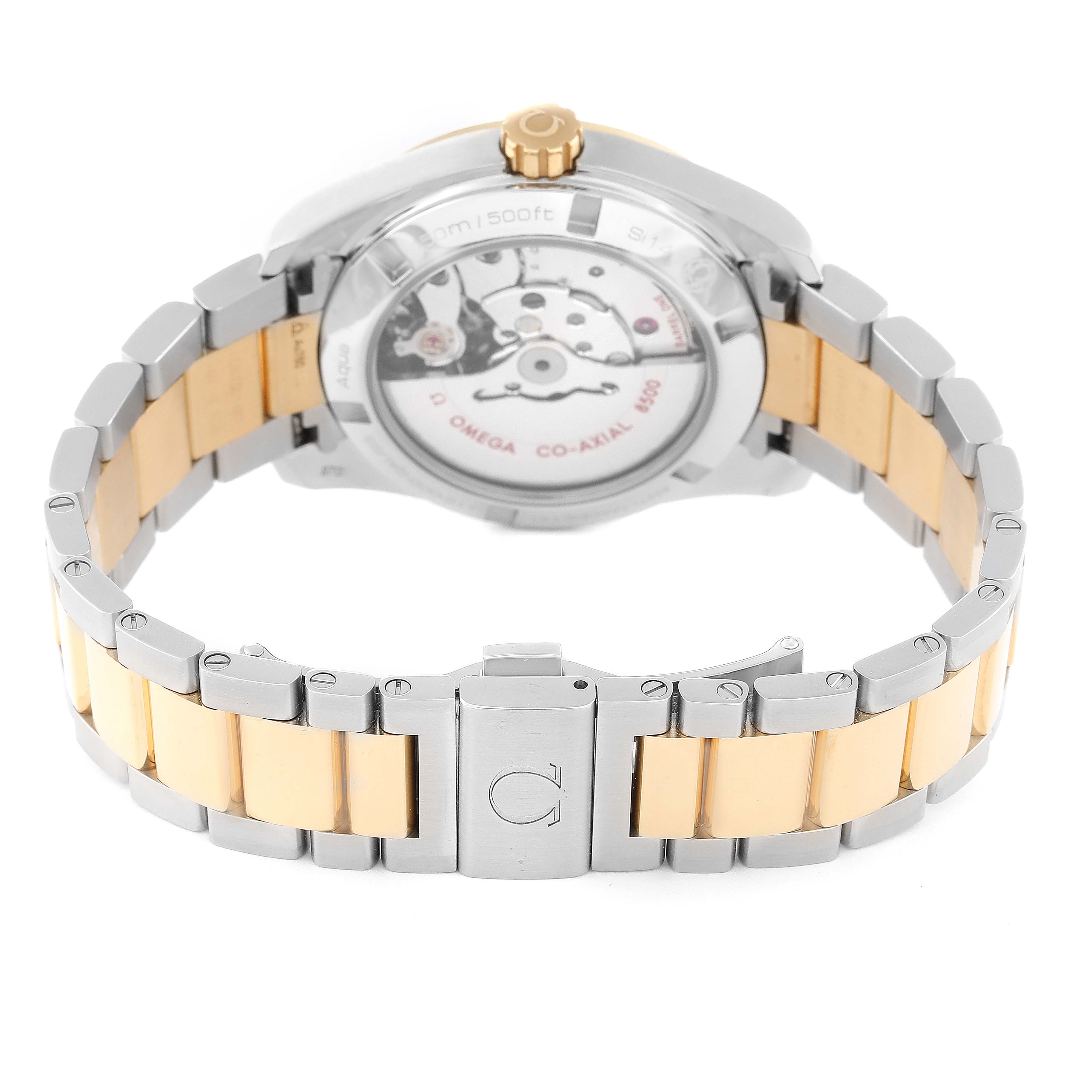 This image shows the Omega Aqua Terra 231.25.39.21.55.002 Men's Steel and Gold (two tone) Mother of Pearl Dial 231.25.39.21.55.002 Men's Steel and Gold (two tone) Mother of Pearl Dial watch from the back, revealing its movement and the two-tone metal bracelet.