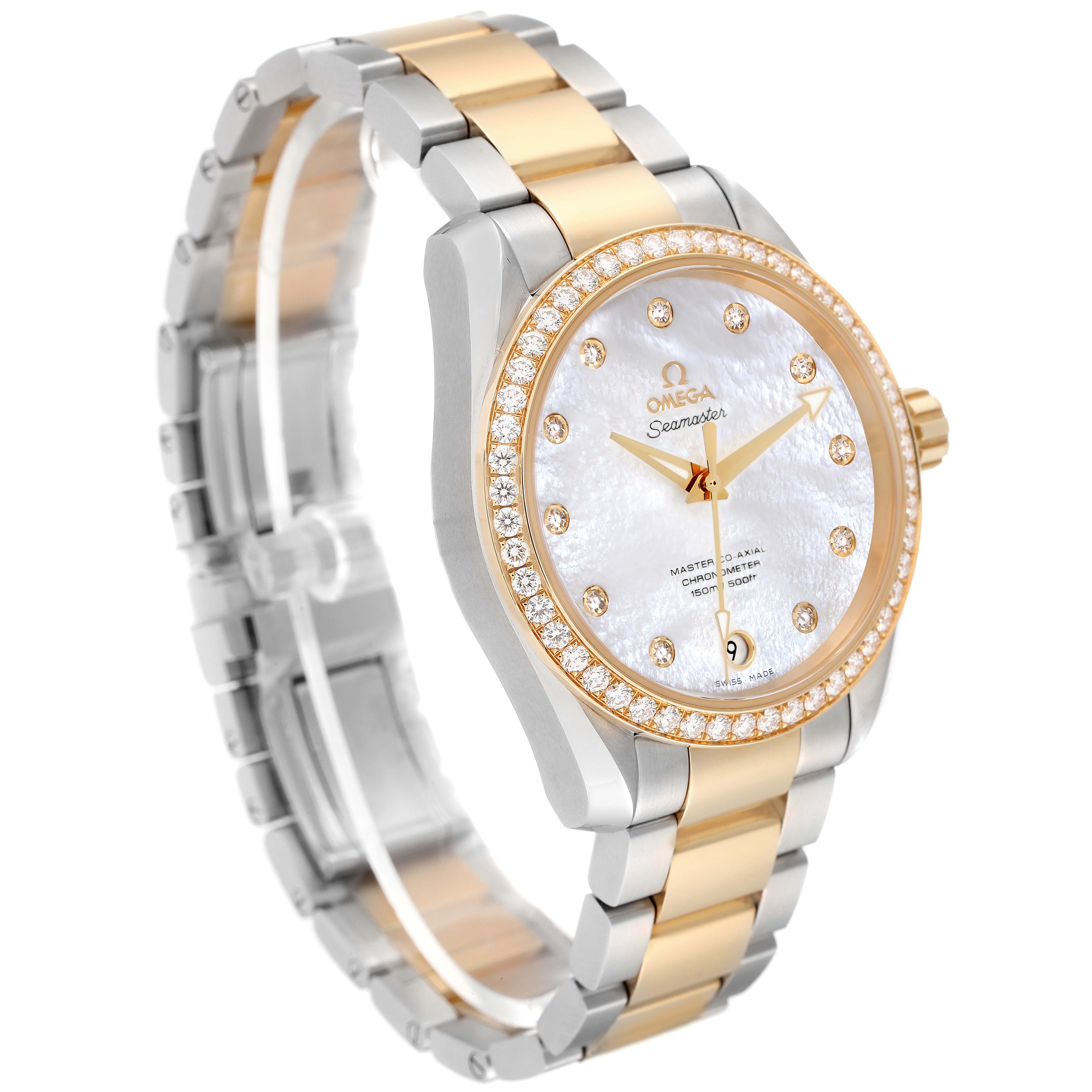 The image shows a side view of an Omega Aqua Terra 231.25.39.21.55.002 Men's Steel and Gold (two tone) Mother of Pearl Dial 231.25.39.21.55.002 Men's Steel and Gold (two tone) Mother of Pearl Dial watch, highlighting the gold and silver two-tone bracelet and jeweled bezel.