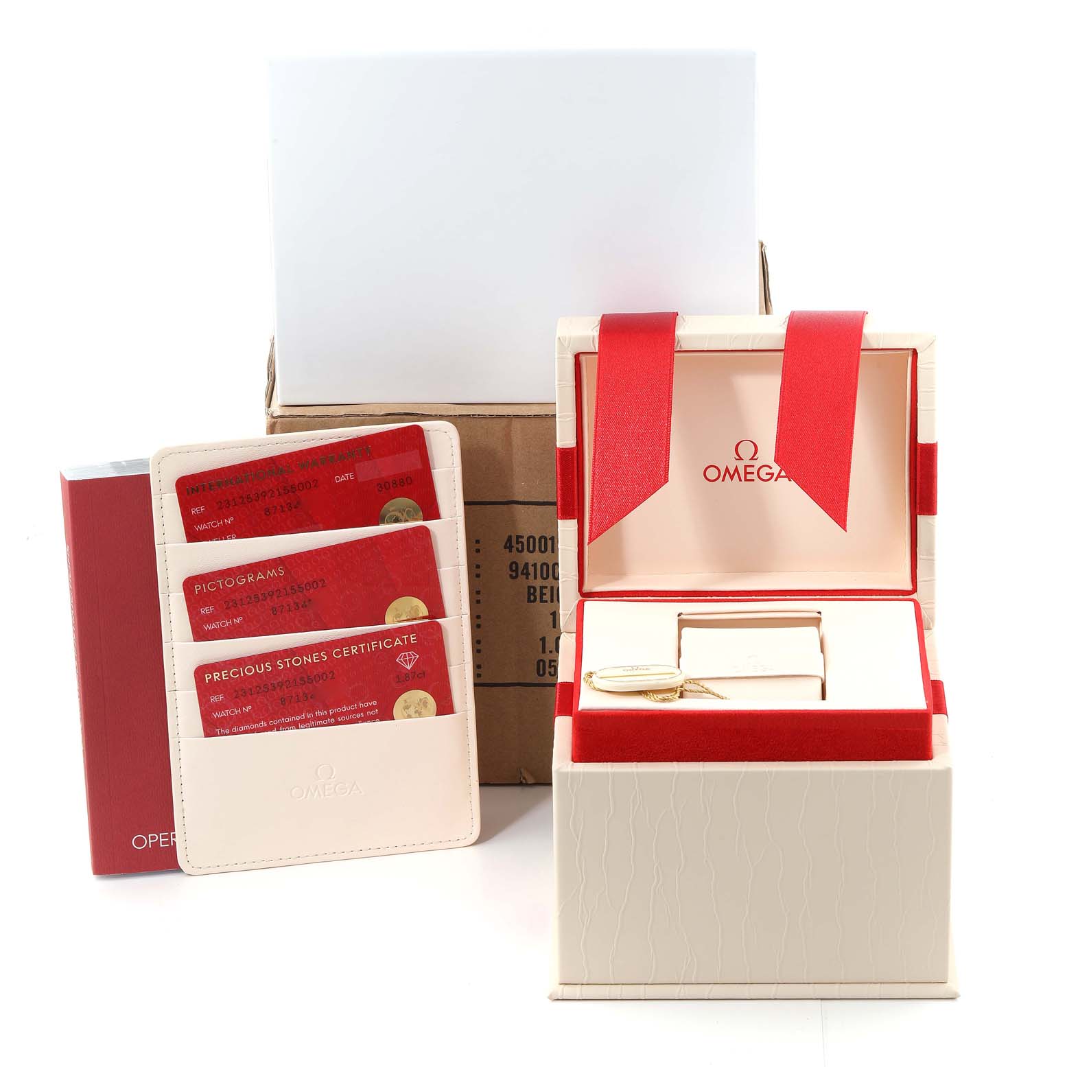 The image shows packaging, red cards, and a case for the Omega Aqua Terra 231.25.39.21.55.002 Men's Steel and Gold (two tone) Mother of Pearl Dial 231.25.39.21.55.002 Men's Steel and Gold (two tone) Mother of Pearl Dial model watch from a front angle.