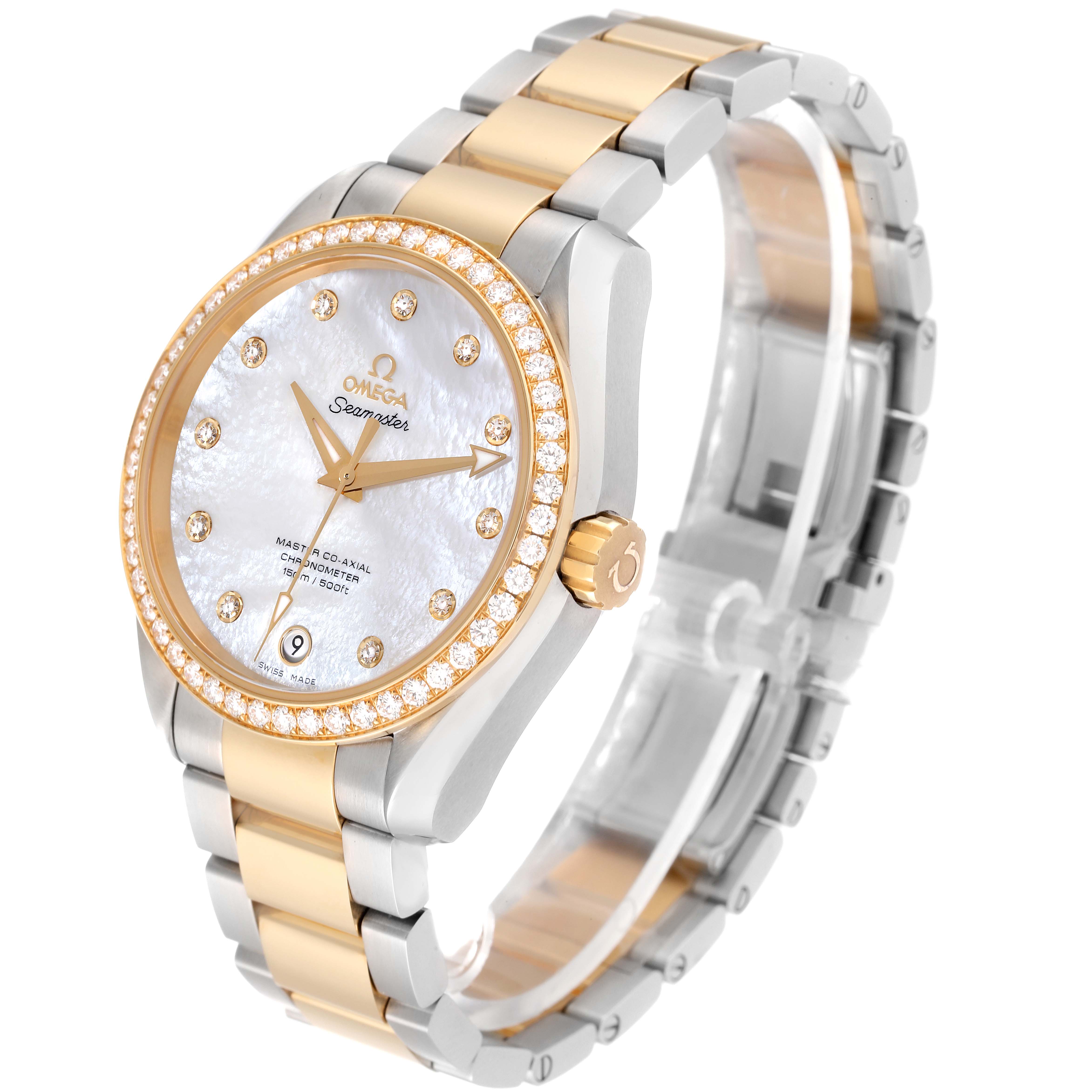 The Omega Aqua Terra 231.25.39.21.55.002 Men's Steel and Gold (two tone) Mother of Pearl Dial 231.25.39.21.55.002 Men's Steel and Gold (two tone) Mother of Pearl Dial watch is shown at a three-quarter angle displaying its face, bezel, and bracelet.