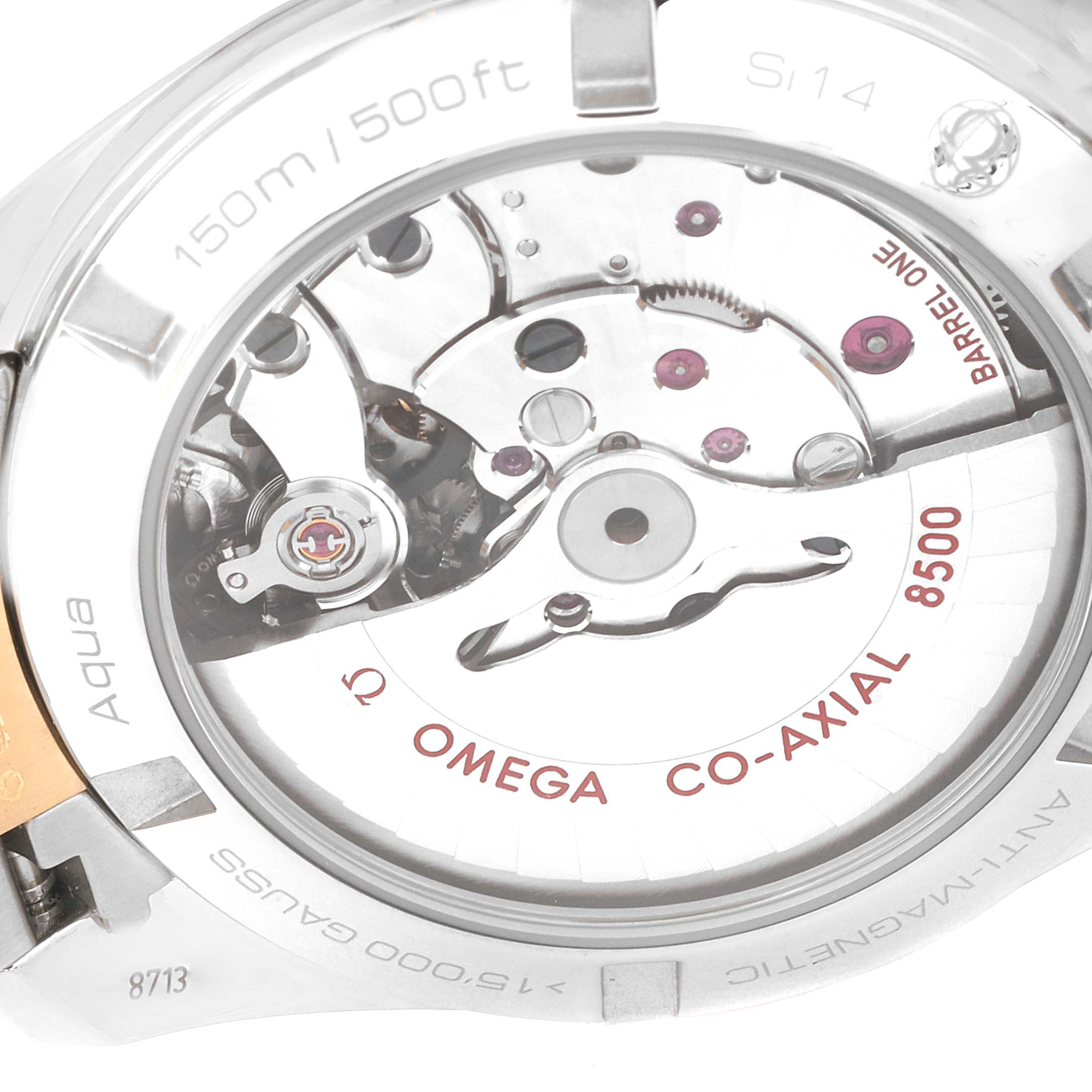 This image shows the back view of an Omega Aqua Terra 231.25.39.21.55.002 Men's Steel and Gold (two tone) Mother of Pearl Dial 231.25.39.21.55.002 Men's Steel and Gold (two tone) Mother of Pearl Dial watch showcasing its co-axial 8500 movement.