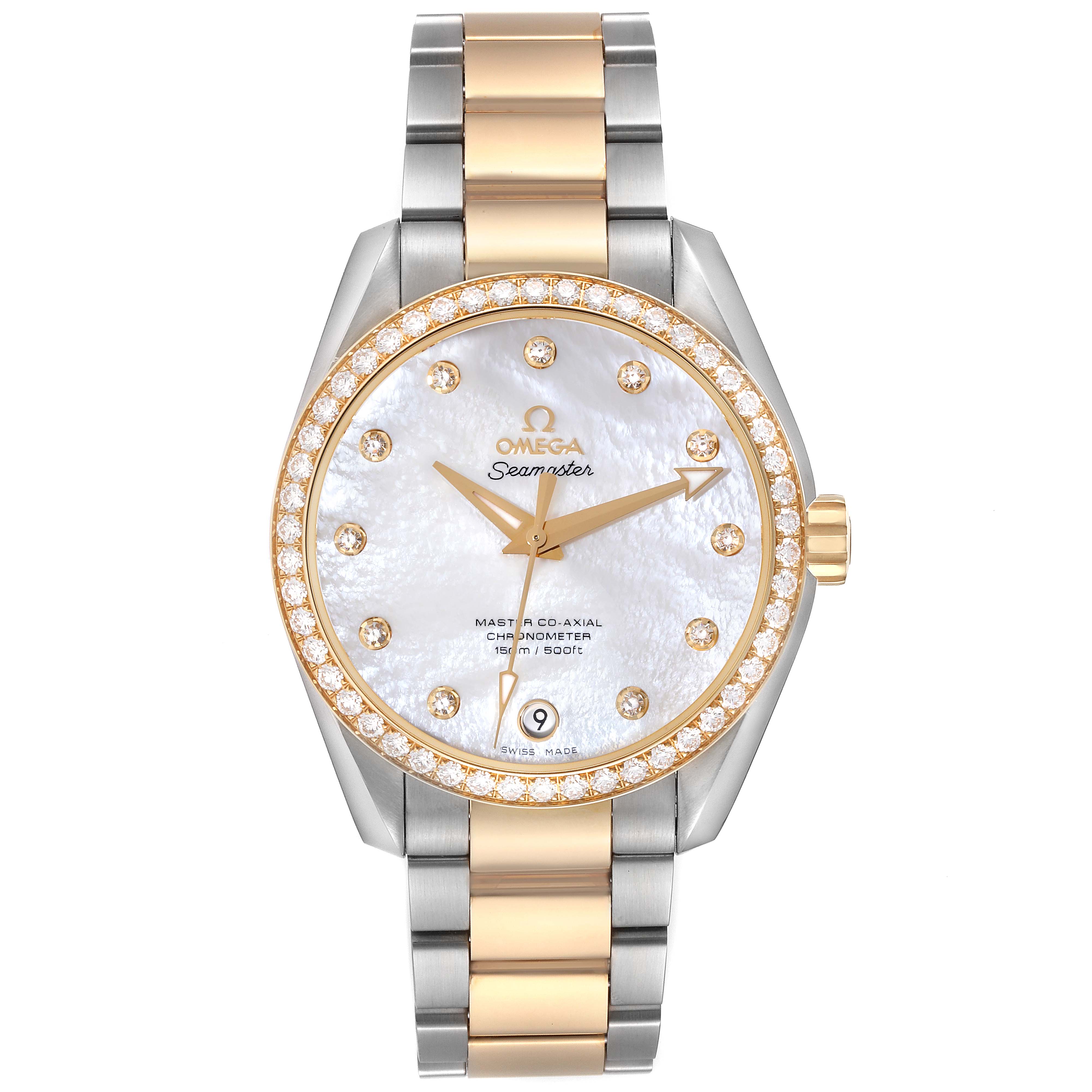 This image shows a frontal view of the Omega Aqua Terra 231.25.39.21.55.002 Men's Steel and Gold (two tone) Mother of Pearl Dial 231.25.39.21.55.002 Men's Steel and Gold (two tone) Mother of Pearl Dial watch, featuring its face, bezel, and two-tone bracelet.