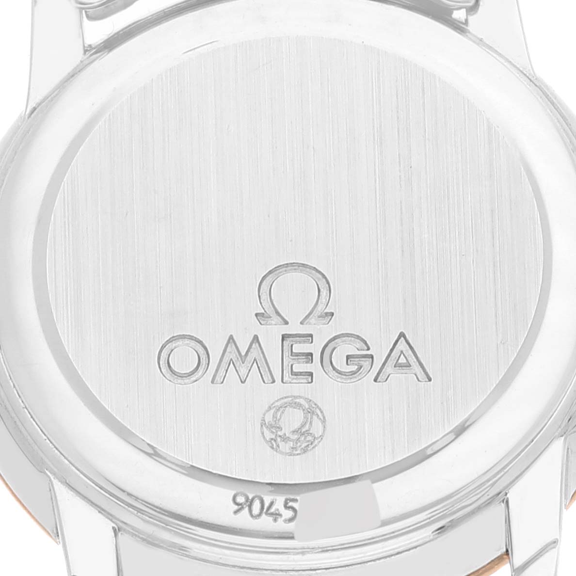 The image shows the case back of the Omega 4375.75.00 Women
s Steel and Gold (two tone) Mother of Pearl Dial 4375.75.00 Women
s Steel and Gold (two tone) Mother of Pearl Dial DeVille Mother Of Pearl Diamond Steel Yellow Gold Ladies Watch 4375.75.00.