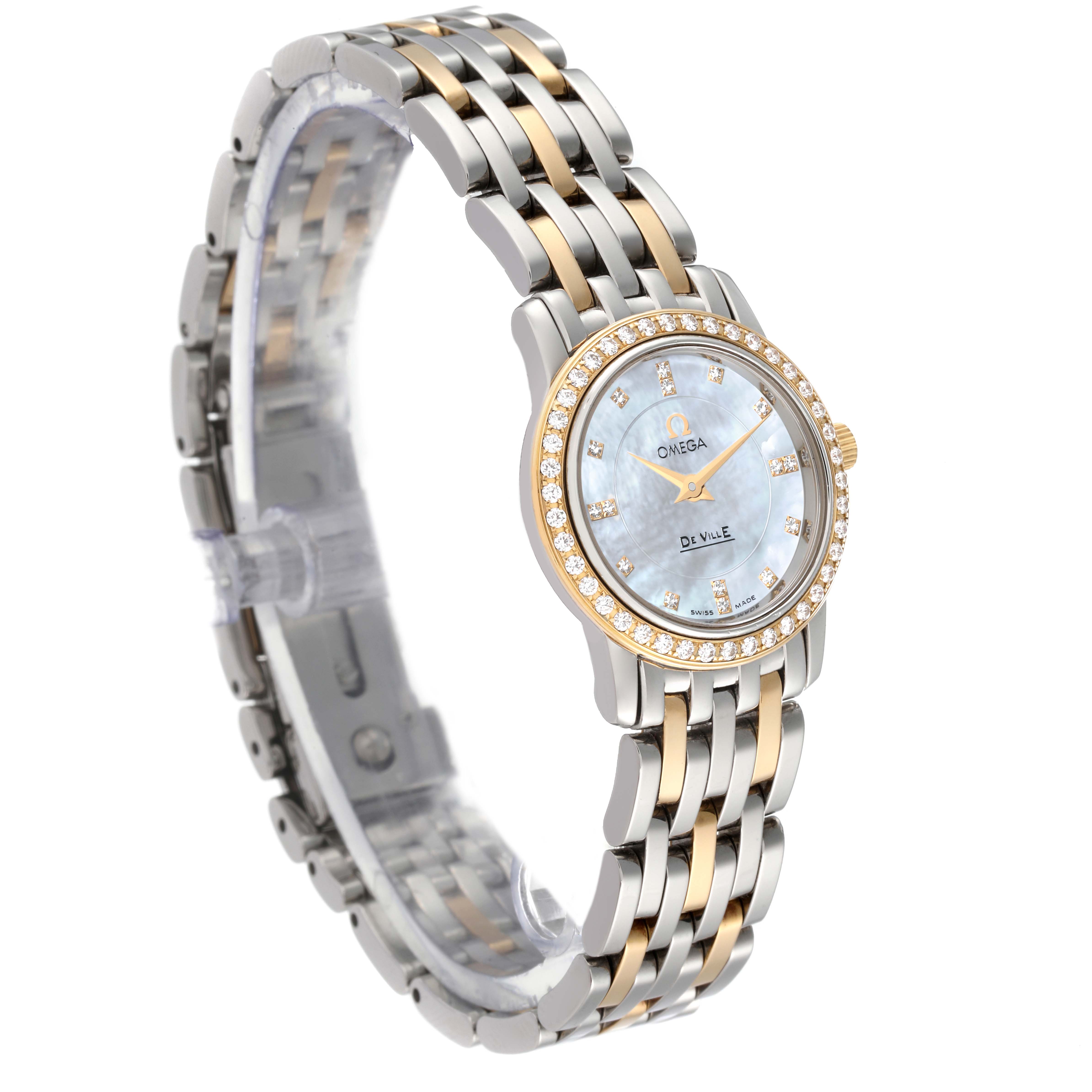 The Omega 4375.75.00 Women
s Steel and Gold (two tone) Mother of Pearl Dial 4375.75.00 Women
s Steel and Gold (two tone) Mother of Pearl Dial DeVille Mother Of Pearl Diamond Steel Yellow Gold Ladies Watch 4375.75.00 is shown at a slight angle displaying its face and band.