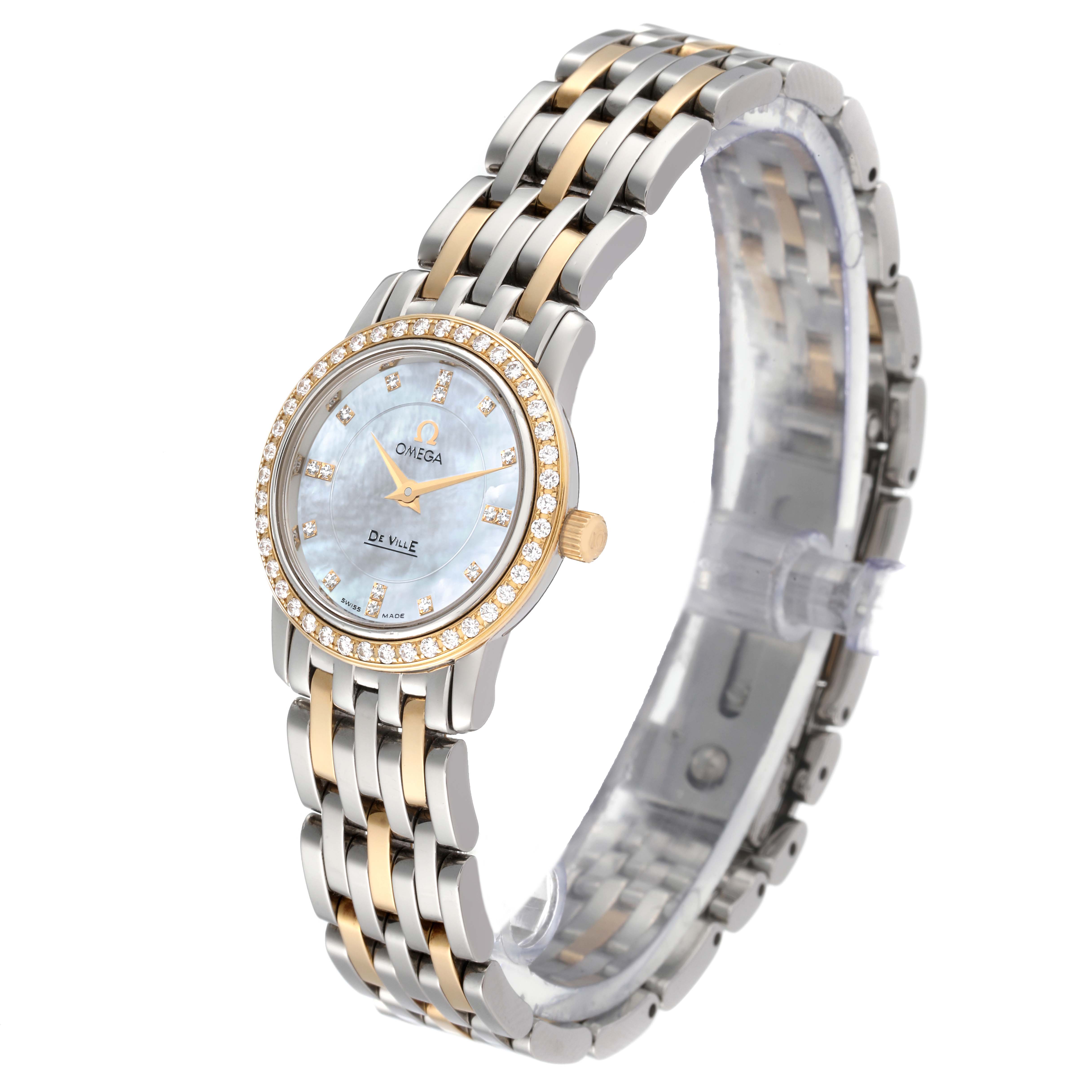 The image shows an Omega 4375.75.00 Women
s Steel and Gold (two tone) Mother of Pearl Dial 4375.75.00 Women
s Steel and Gold (two tone) Mother of Pearl Dial DeVille Mother Of Pearl Diamond Steel Yellow Gold Ladies Watch 4375.75.00 from a top angle, highlighting its face and bracelet.