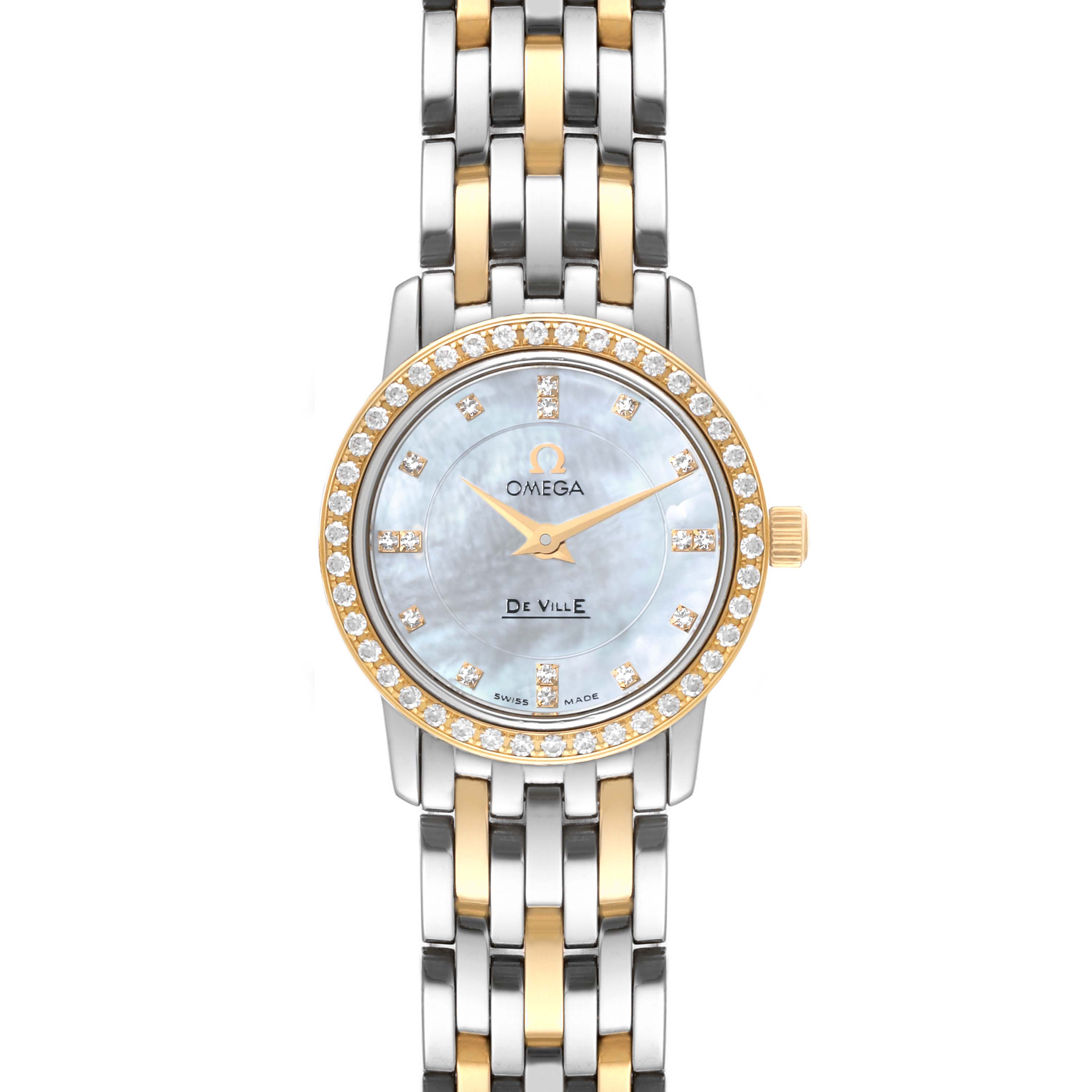 This image shows an Omega 4375.75.00 Women
s Steel and Gold (two tone) Mother of Pearl Dial 4375.75.00 Women
s Steel and Gold (two tone) Mother of Pearl Dial DeVille Mother Of Pearl Diamond Steel Yellow Gold Ladies Watch model 4375.75.00 from a frontal view.