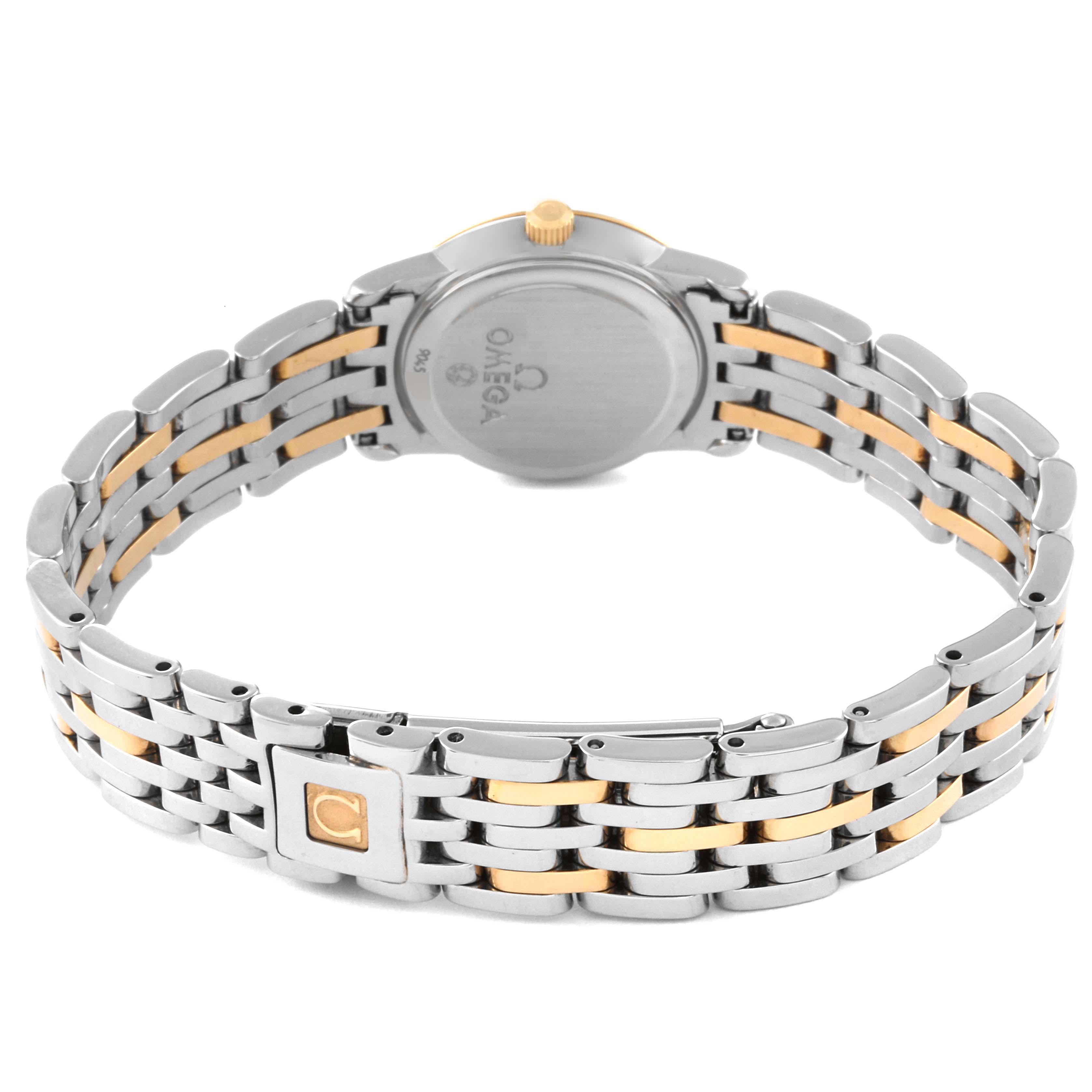 The image shows the back view of the Omega 4375.75.00 Women
s Steel and Gold (two tone) Mother of Pearl Dial 4375.75.00 Women
s Steel and Gold (two tone) Mother of Pearl Dial DeVille Mother Of Pearl Diamond Steel Yellow Gold Ladies Watch model 4375.75.00.