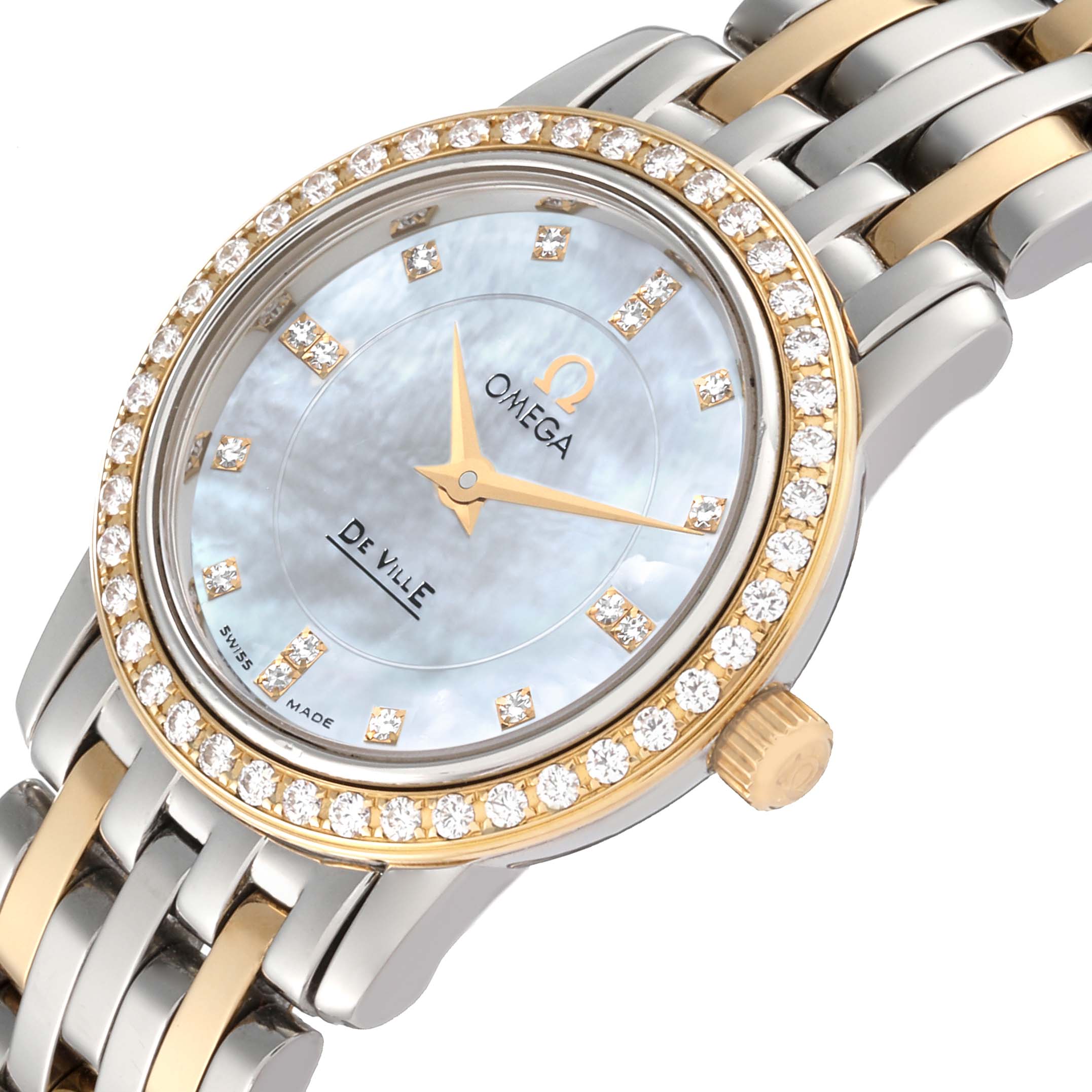 The Omega 4375.75.00 Women
s Steel and Gold (two tone) Mother of Pearl Dial 4375.75.00 Women
s Steel and Gold (two tone) Mother of Pearl Dial DeVille Mother Of Pearl Diamond Steel Yellow Gold Ladies Watch 4375.75.00 is shown at an angle highlighting the dial, bezel, and part of the bracelet.