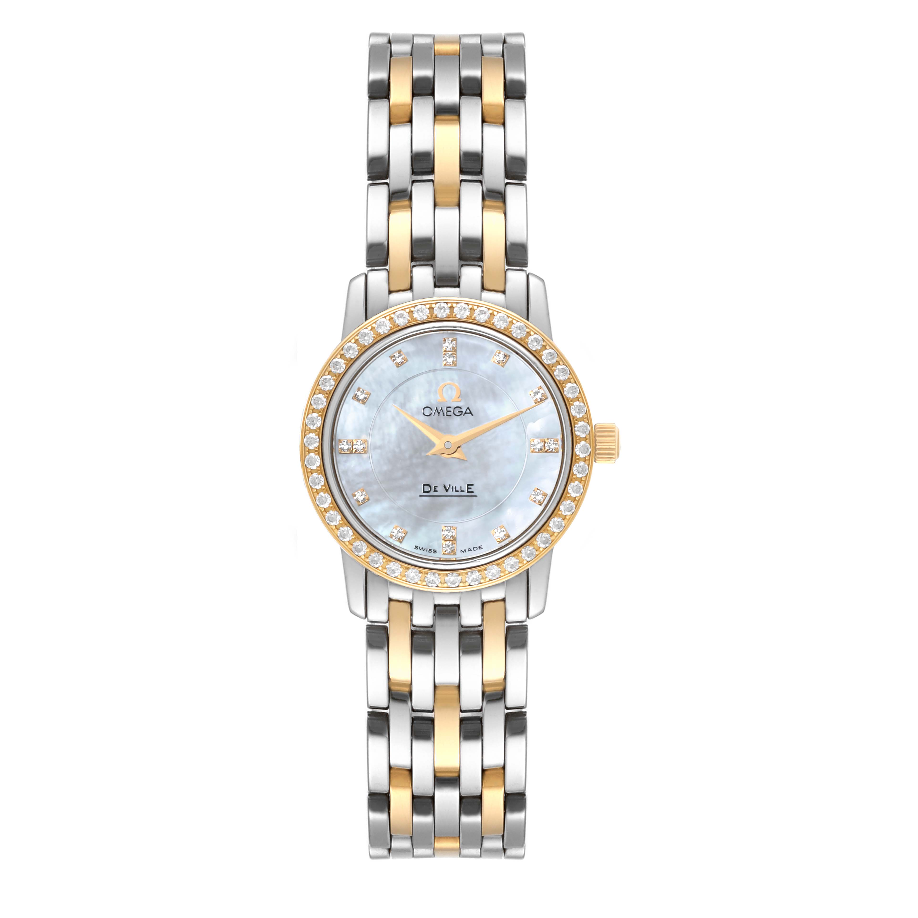 The Omega 4375.75.00 Women
s Steel and Gold (two tone) Mother of Pearl Dial 4375.75.00 Women
s Steel and Gold (two tone) Mother of Pearl Dial DeVille Mother Of Pearl Diamond Steel Yellow Gold Ladies Watch 4375.75.00 is shown from the front, displaying the face and band.