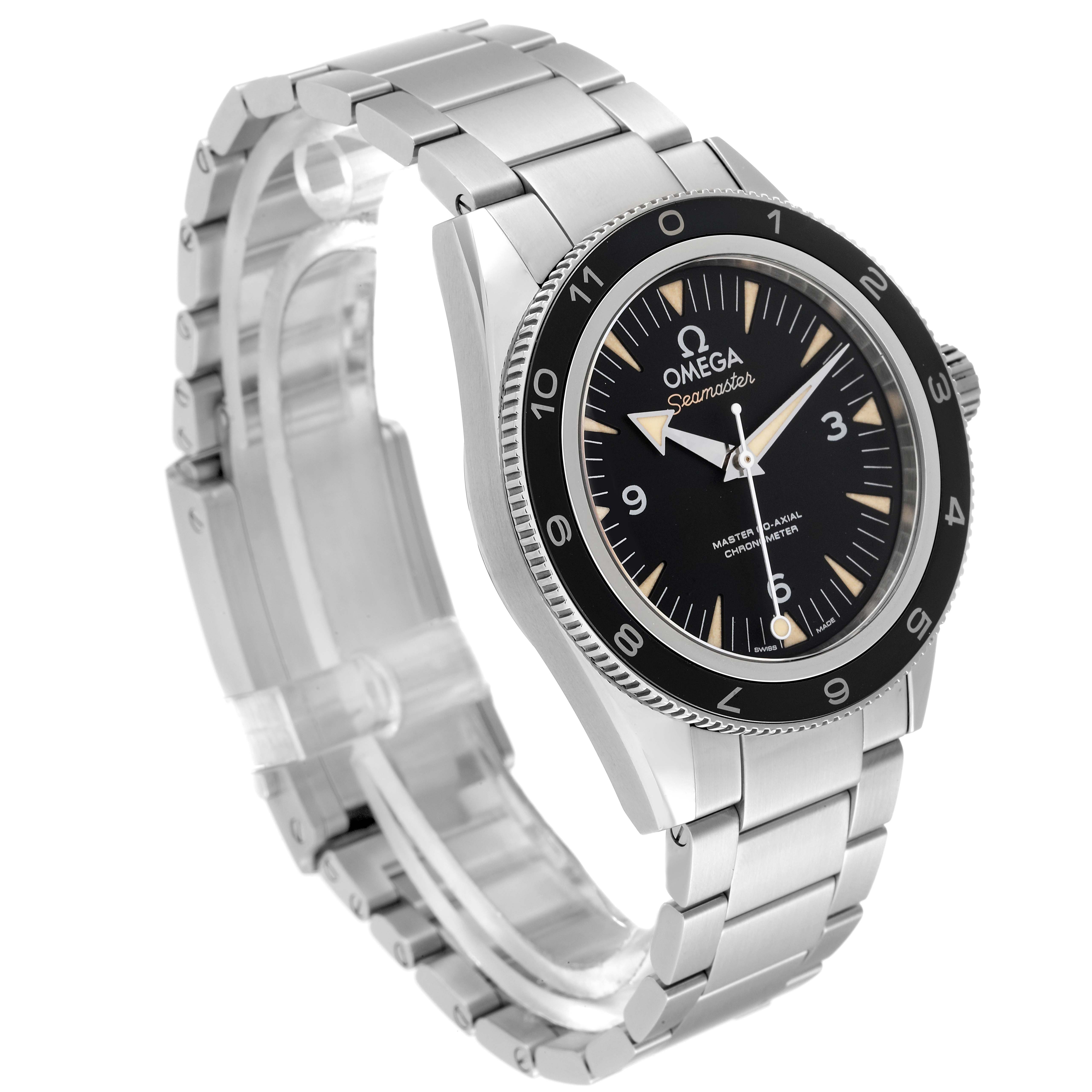 The Omega Seamaster 233.32.41.21.01.001 Men's Stainless Steel Black Dial 233.32.41.21.01.001 Men's Stainless Steel Black Dial watch is shown at a slight angle, displaying the face, bezel, crown, and part of the stainless steel bracelet.